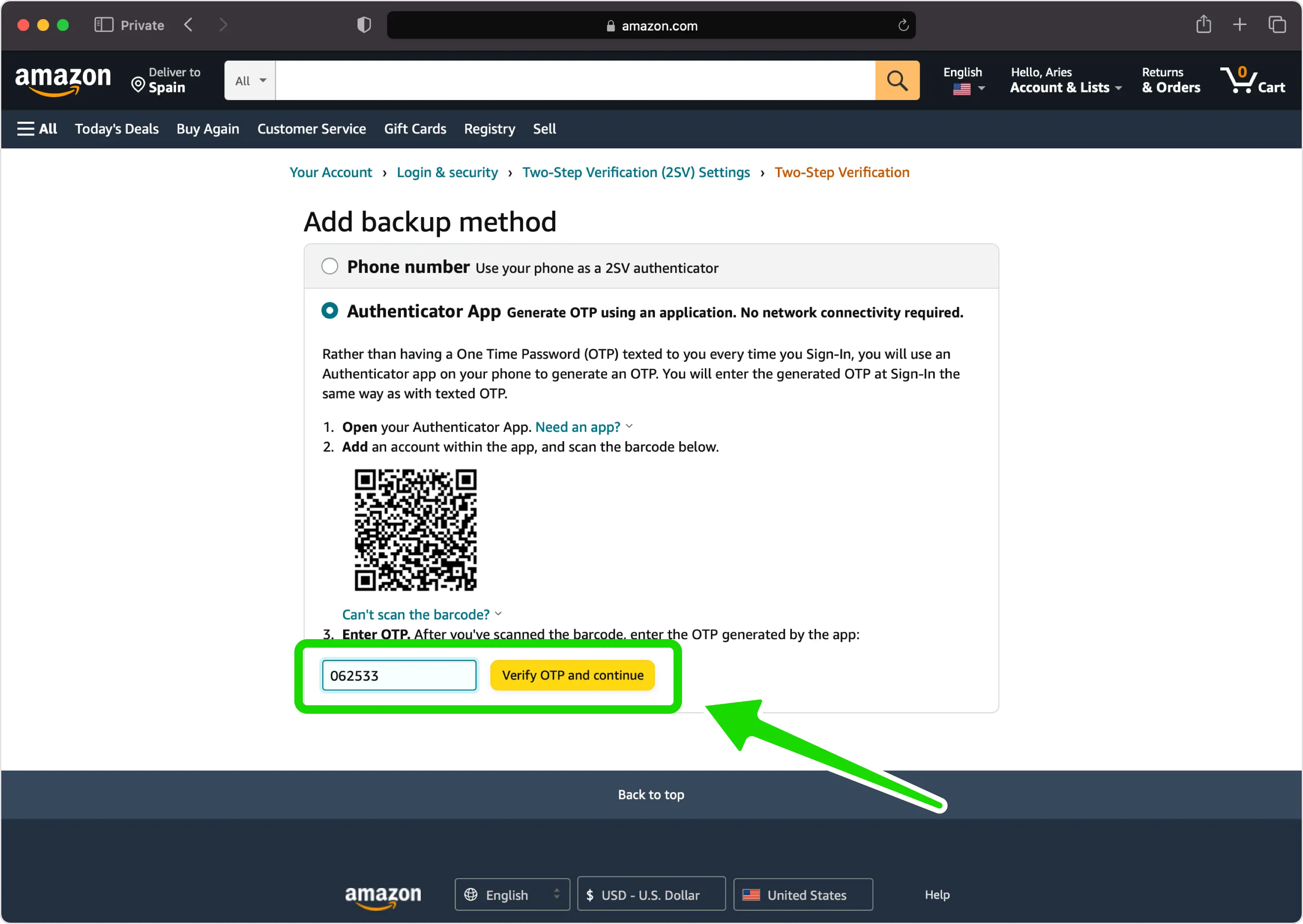 Enter the 6-digit code on Amazon