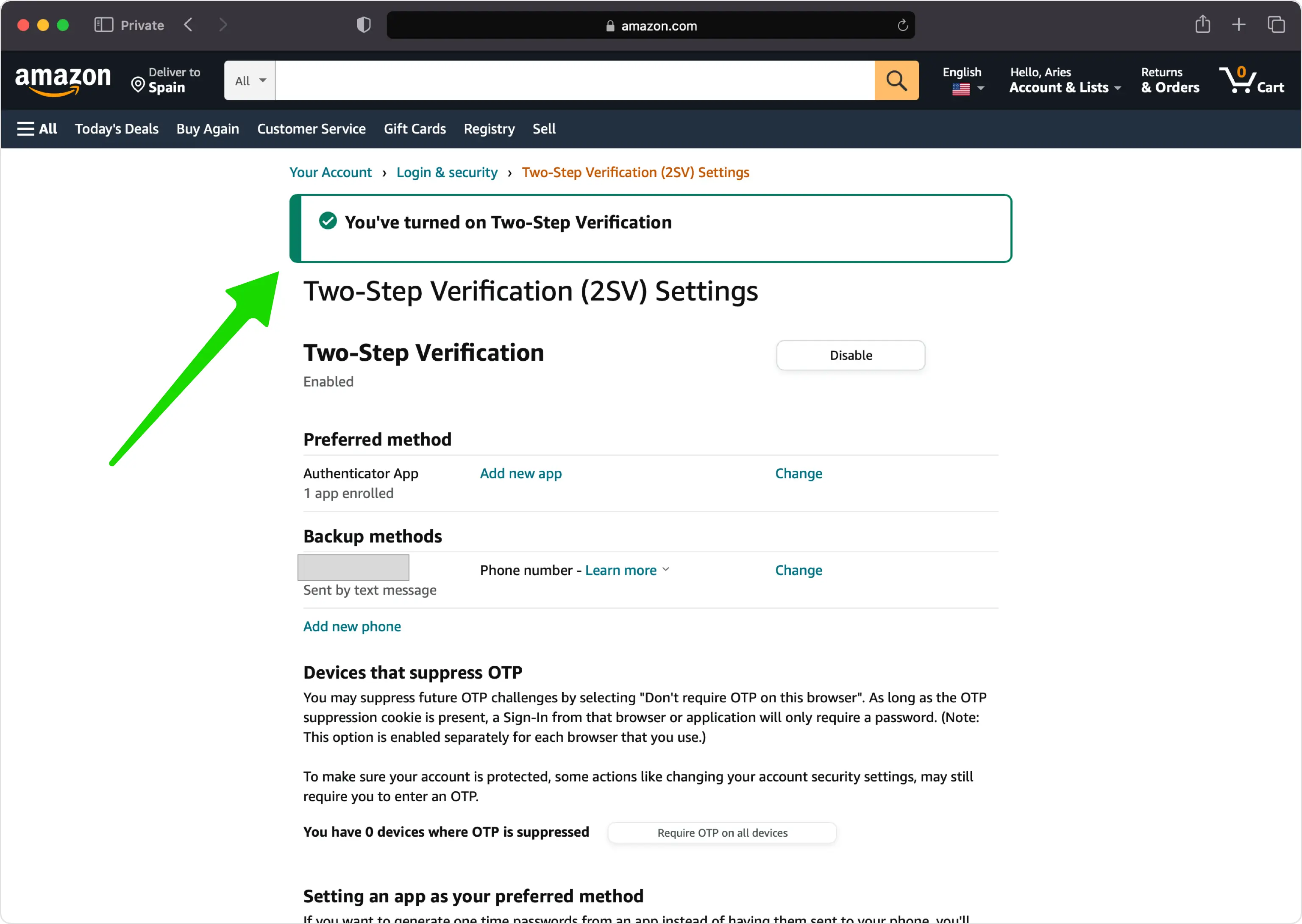 Two-Step Verification is enabled