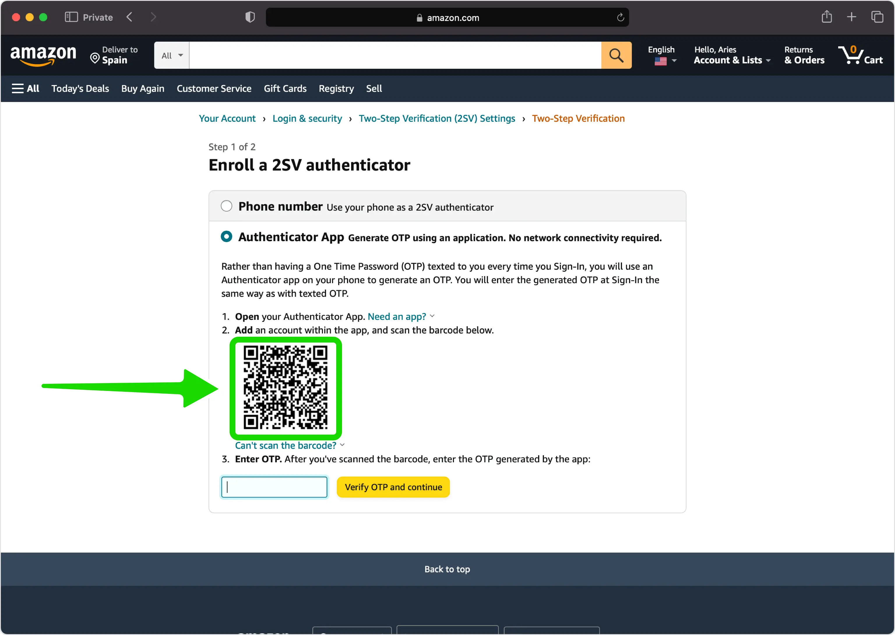 View the QR code Amazon displays