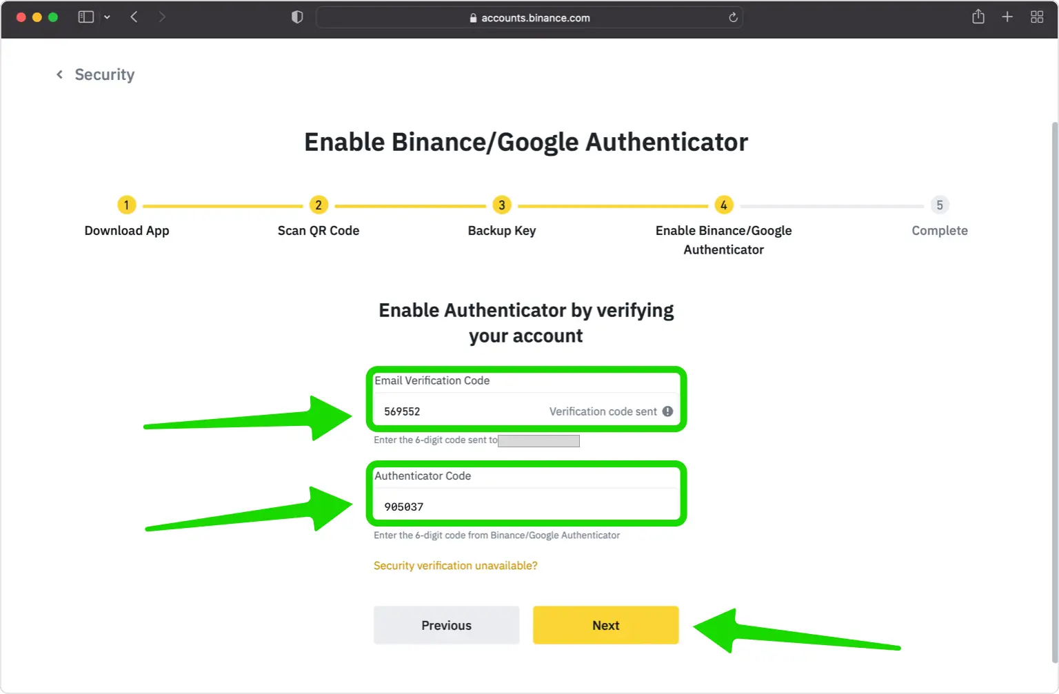 Verify your code on Binance