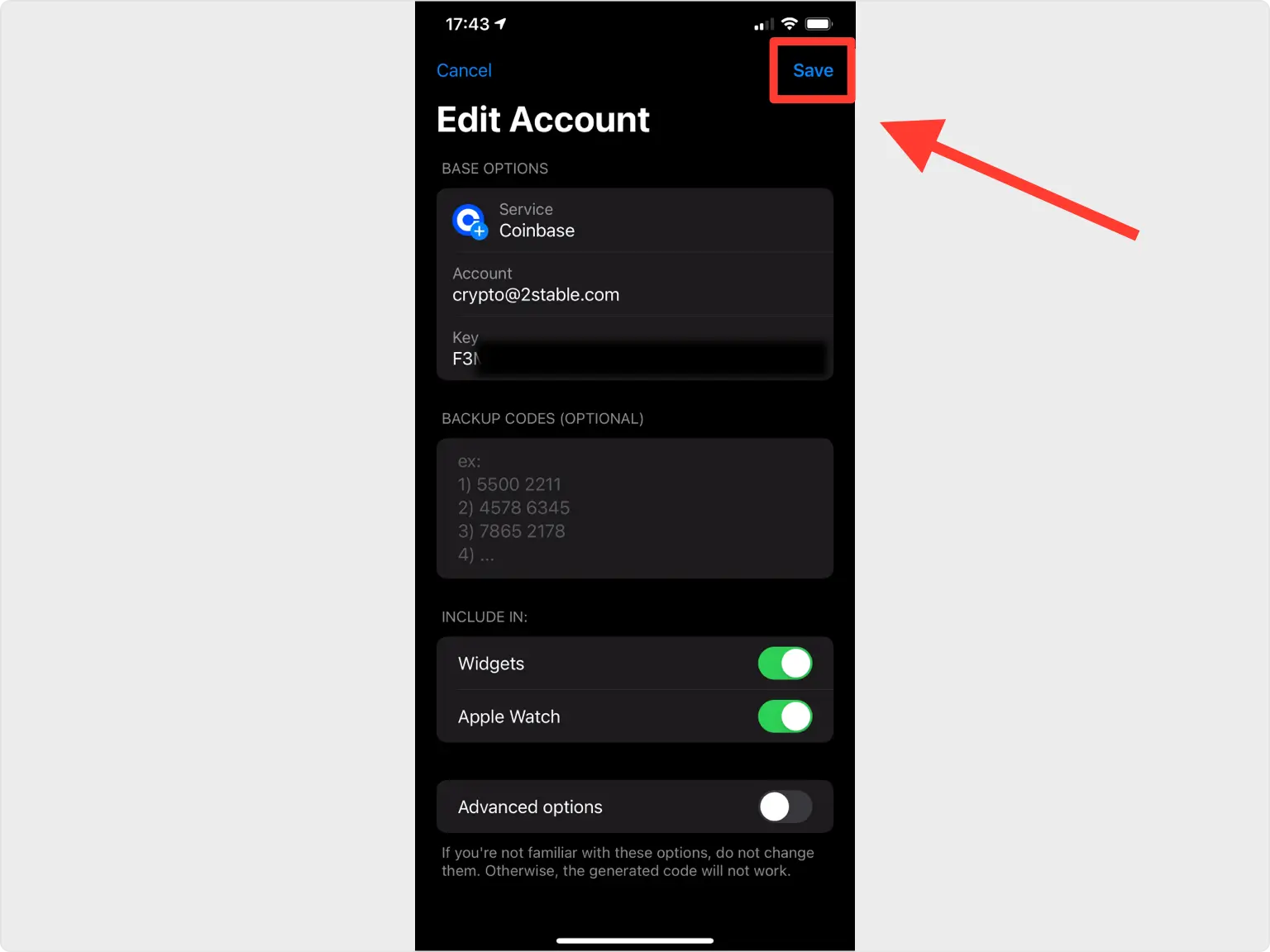Save the new account in the app