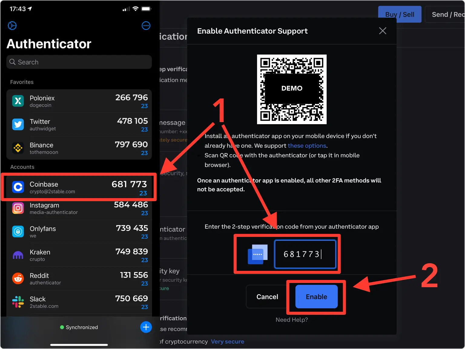 Enter the 6-digit code and enable