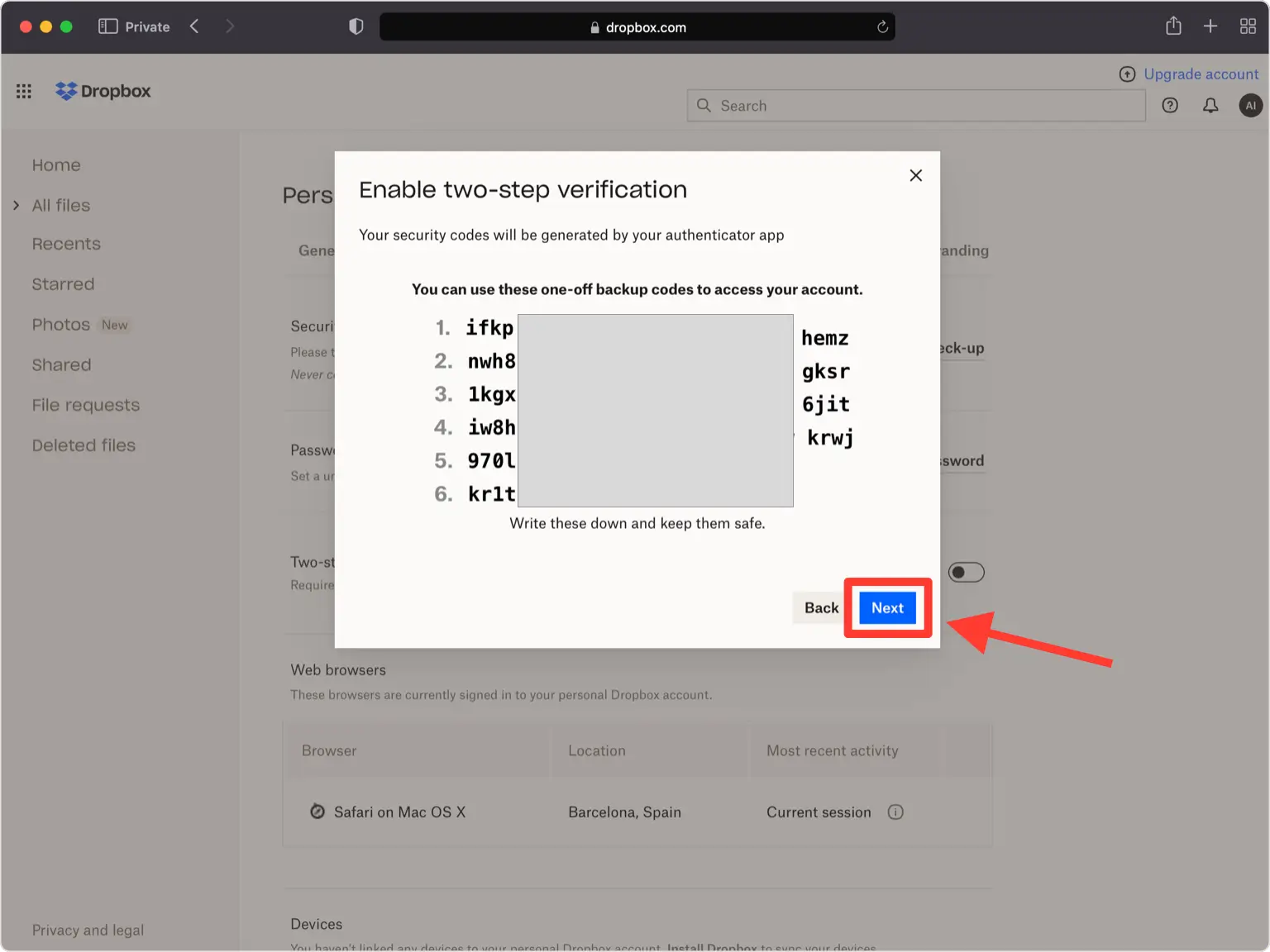 Save your recovery codes
