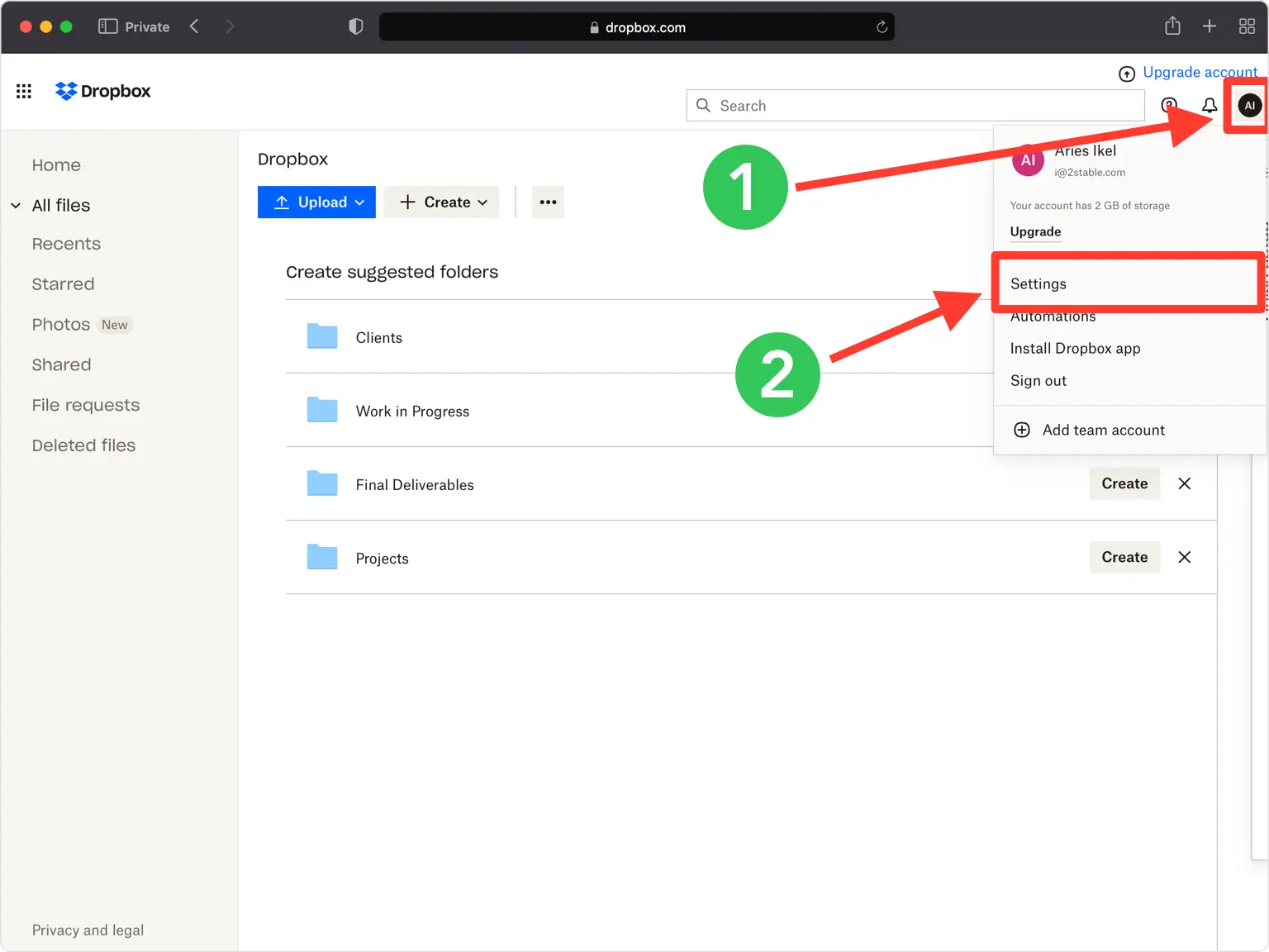 Open your account menu and go to Settings