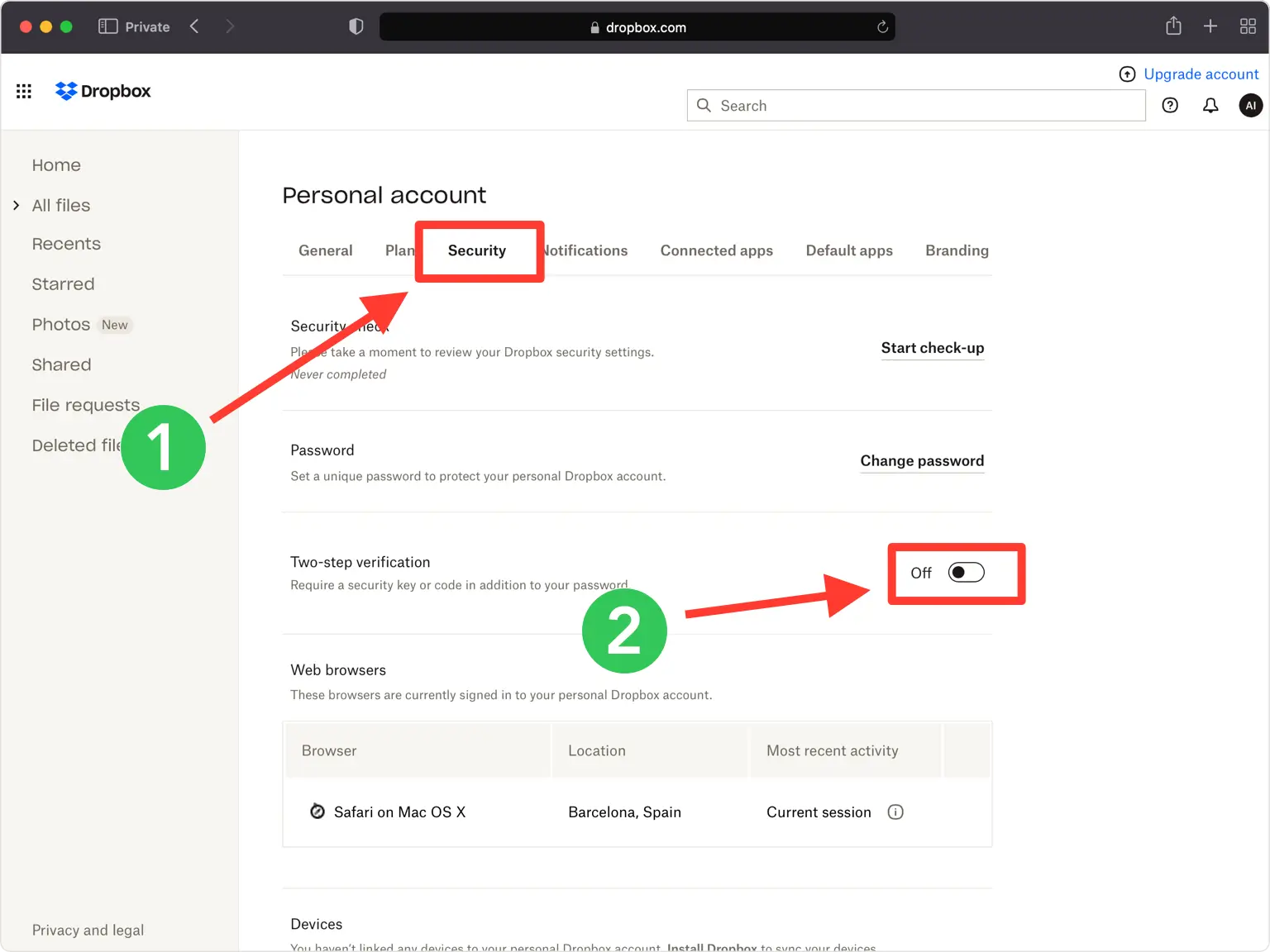 Turn on Two-step verification under Security
