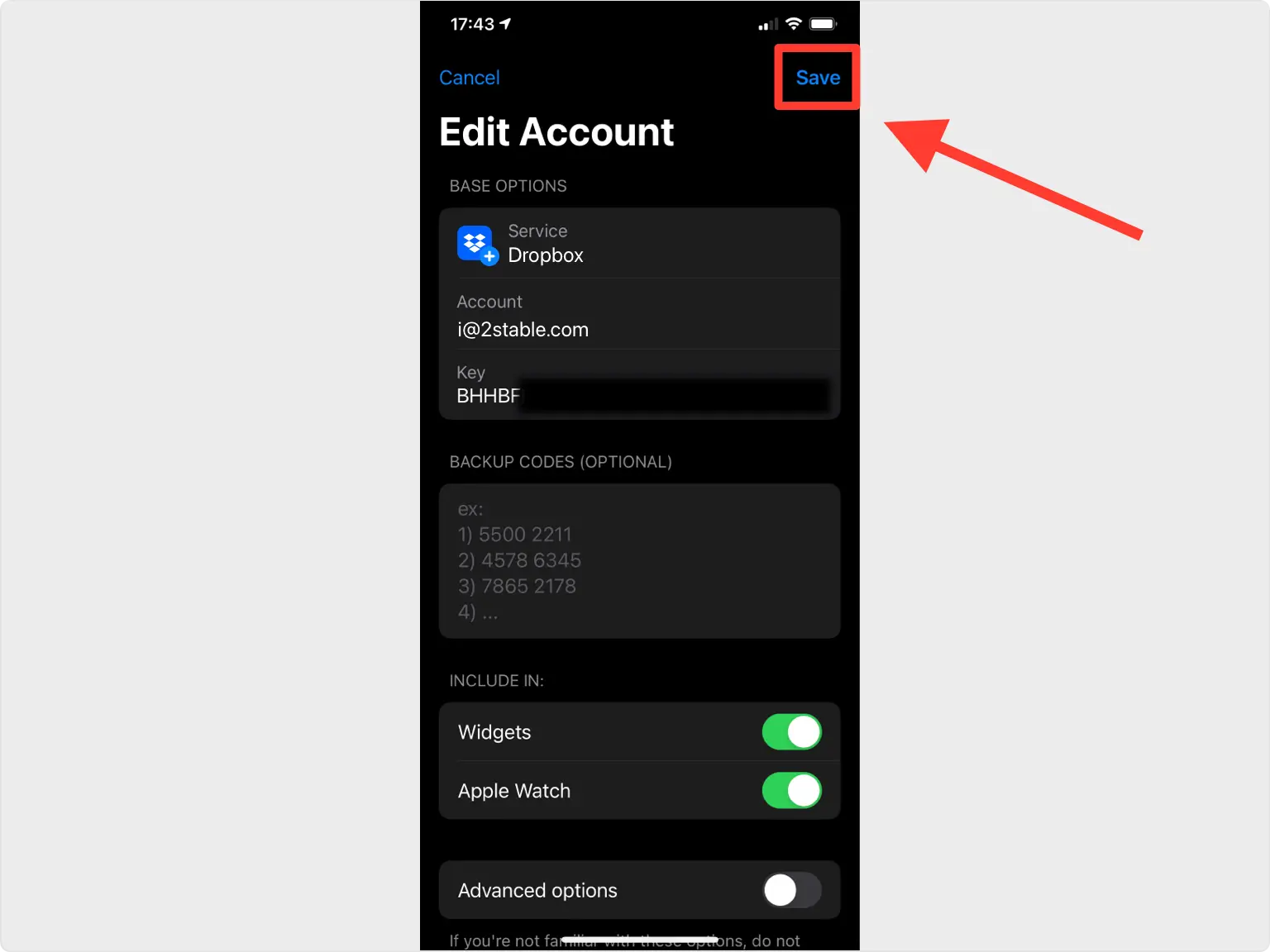 Save the Dropbox entry in the app