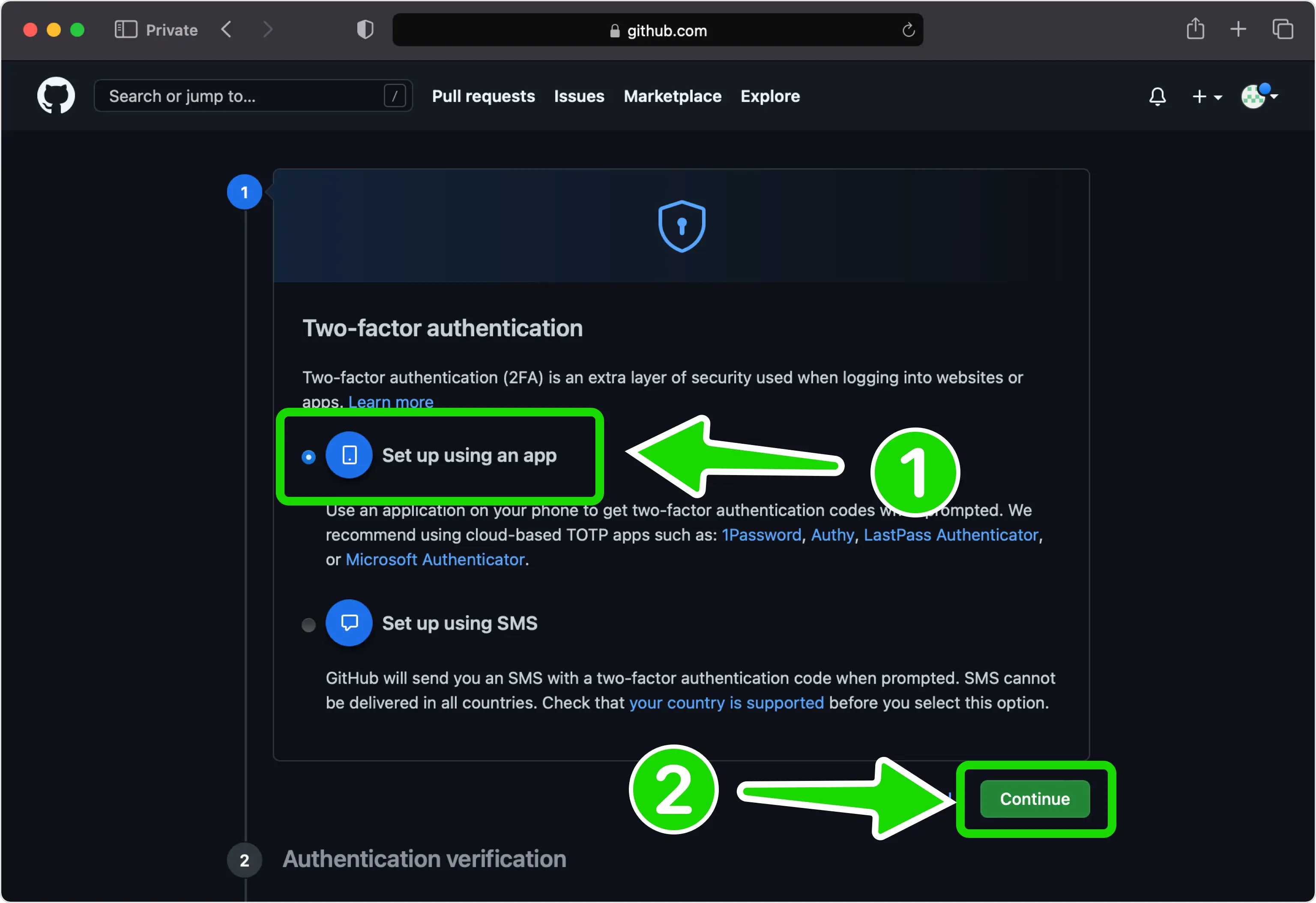 Choose to set up using an app