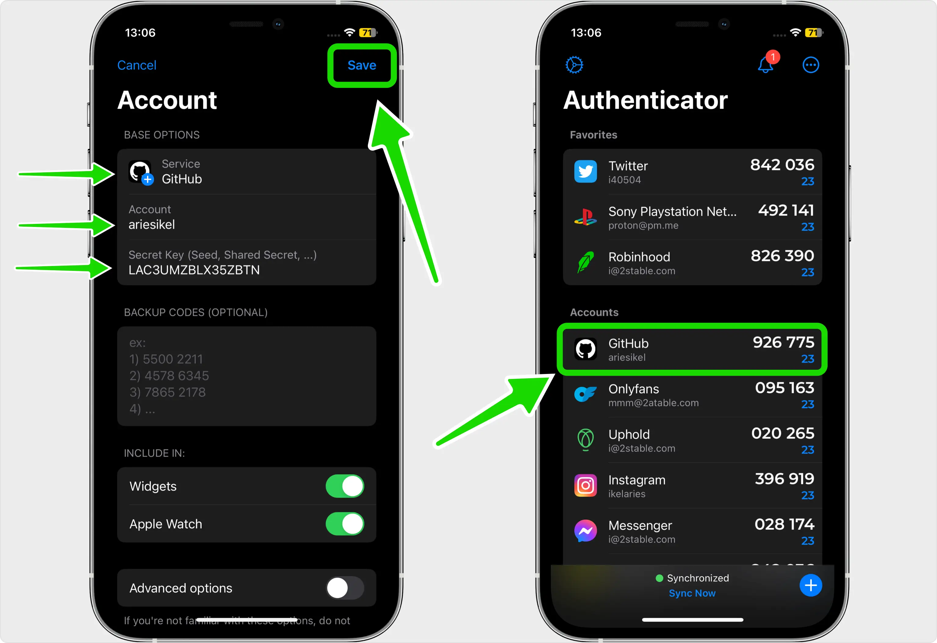 Save the GitHub entry in your app