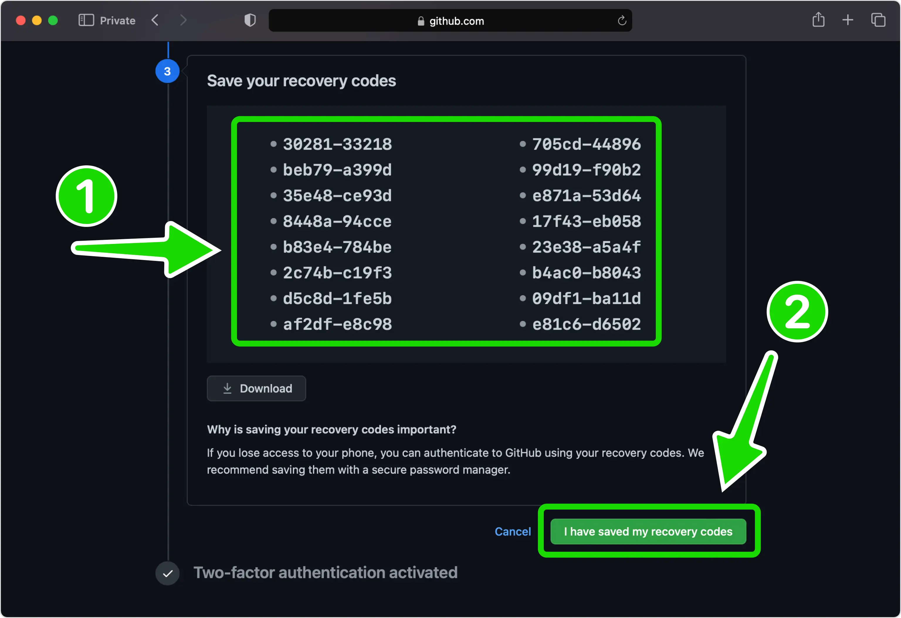 Save your recovery codes