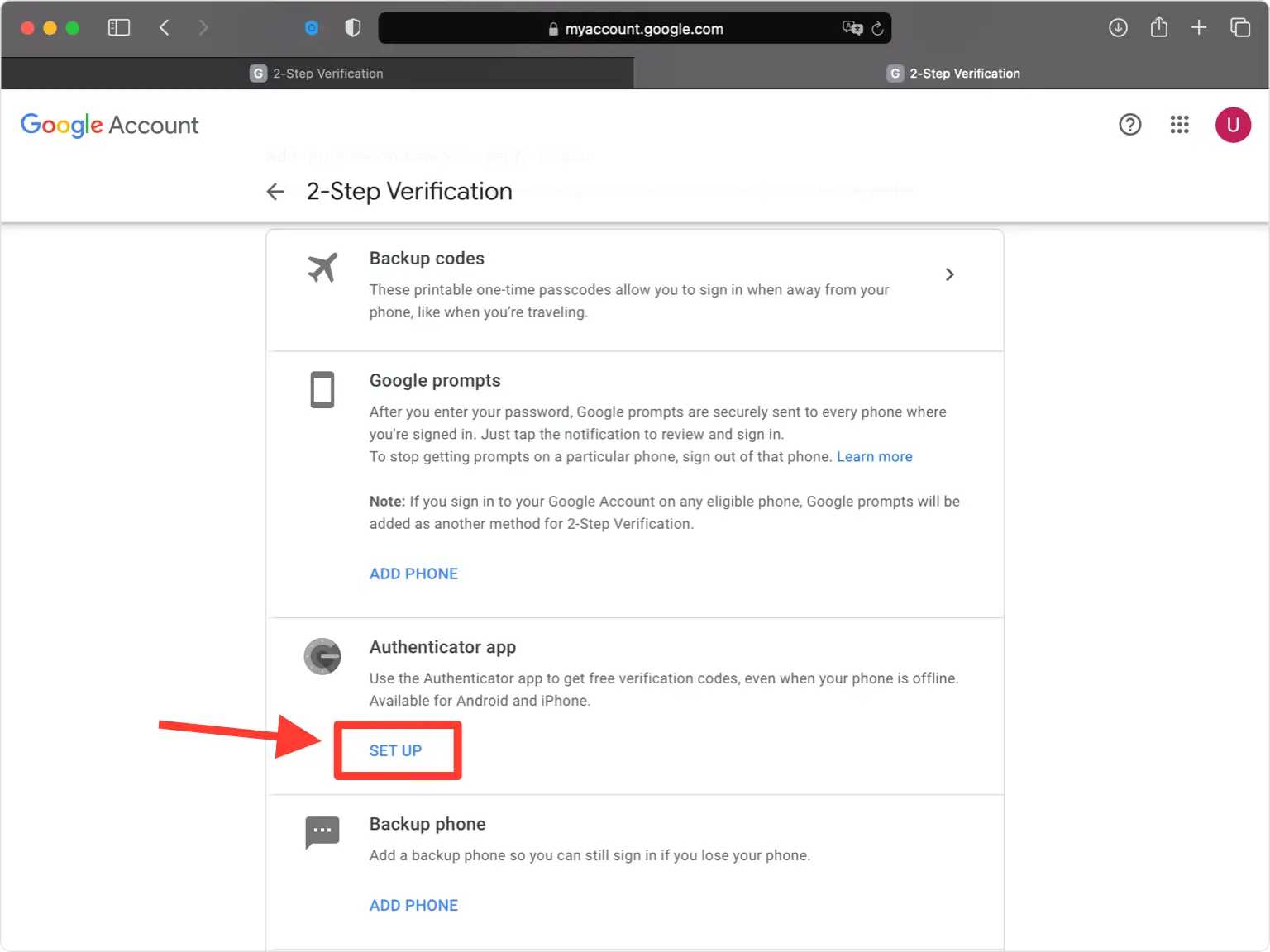 Choose the Authenticator app option