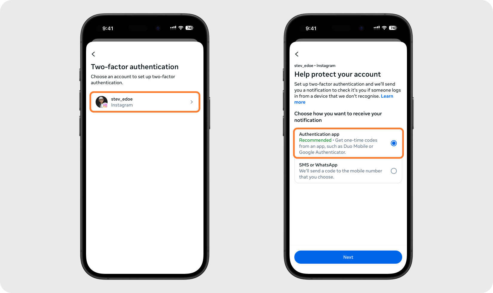 Pick your account and choose Authentication app