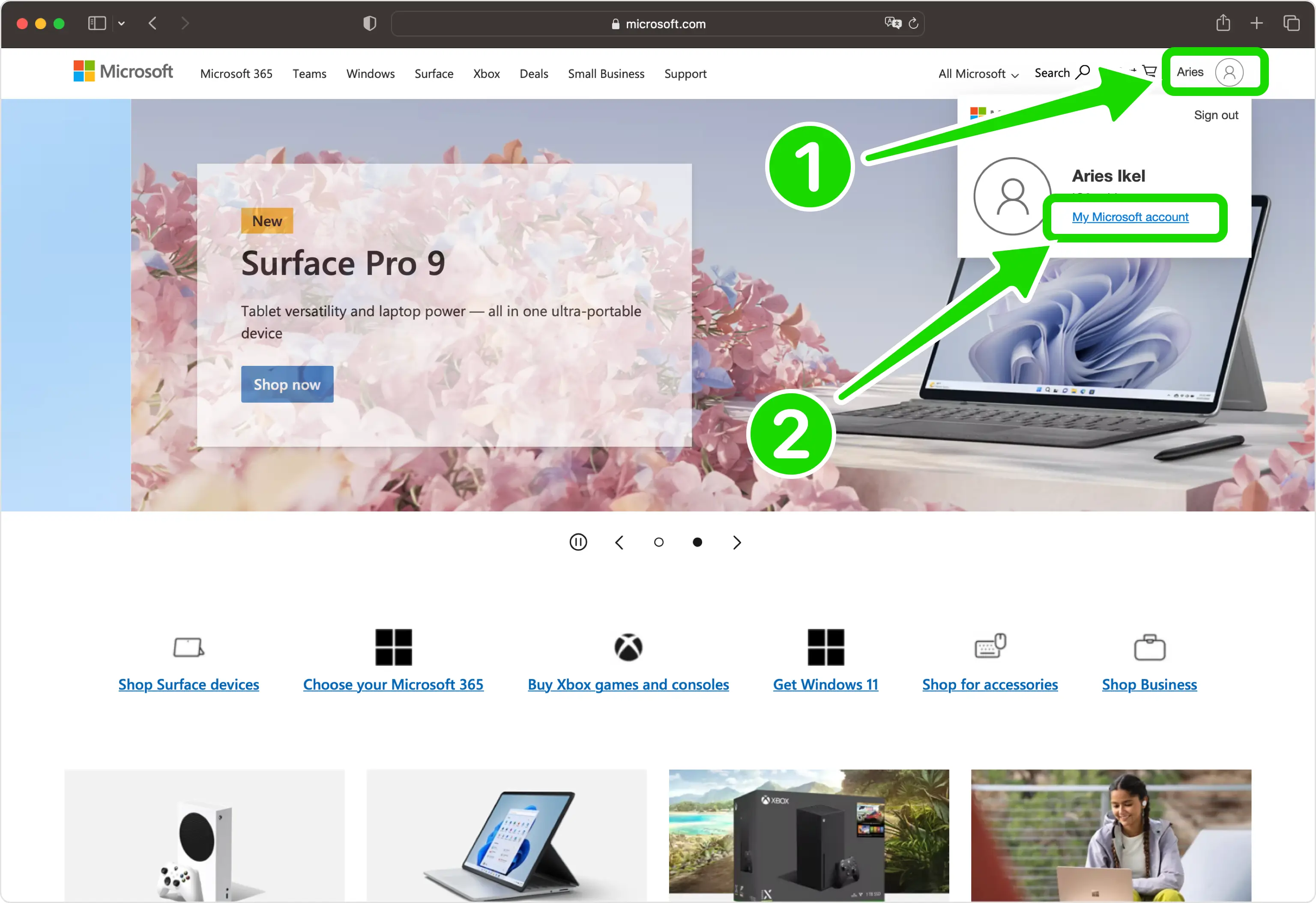 Open your Microsoft account menu