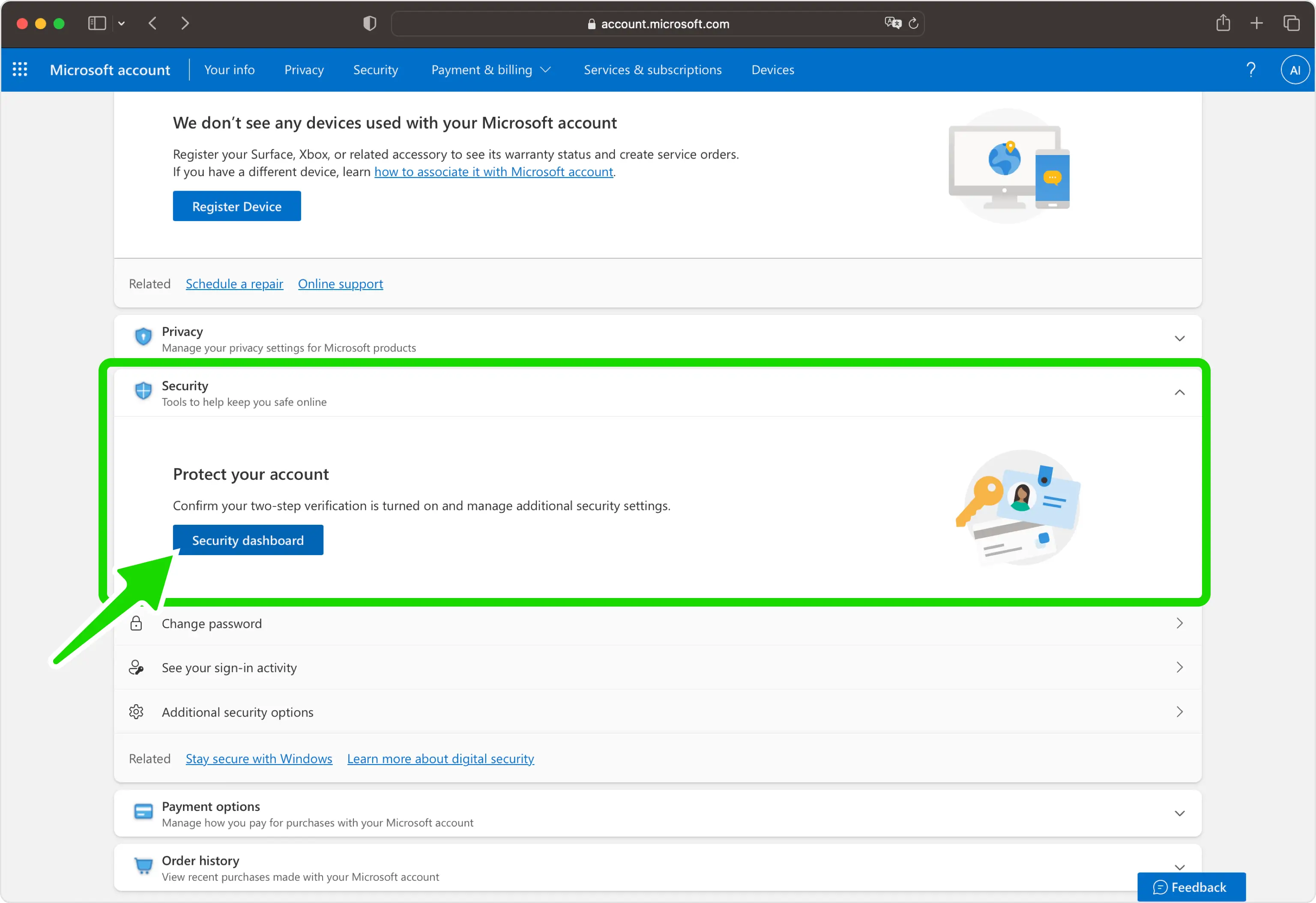 Go to the Security dashboard