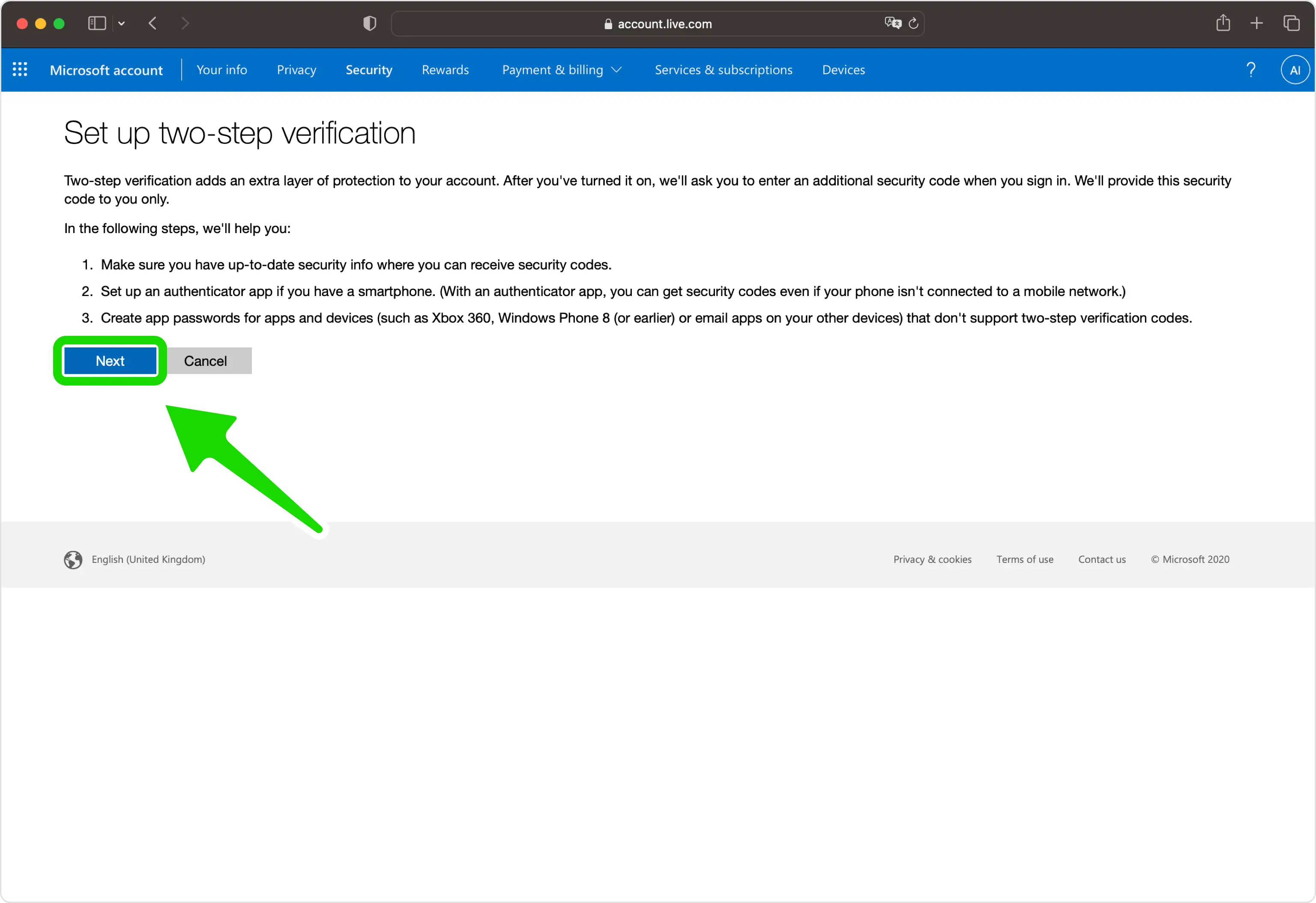 Begin Two-step verification setup