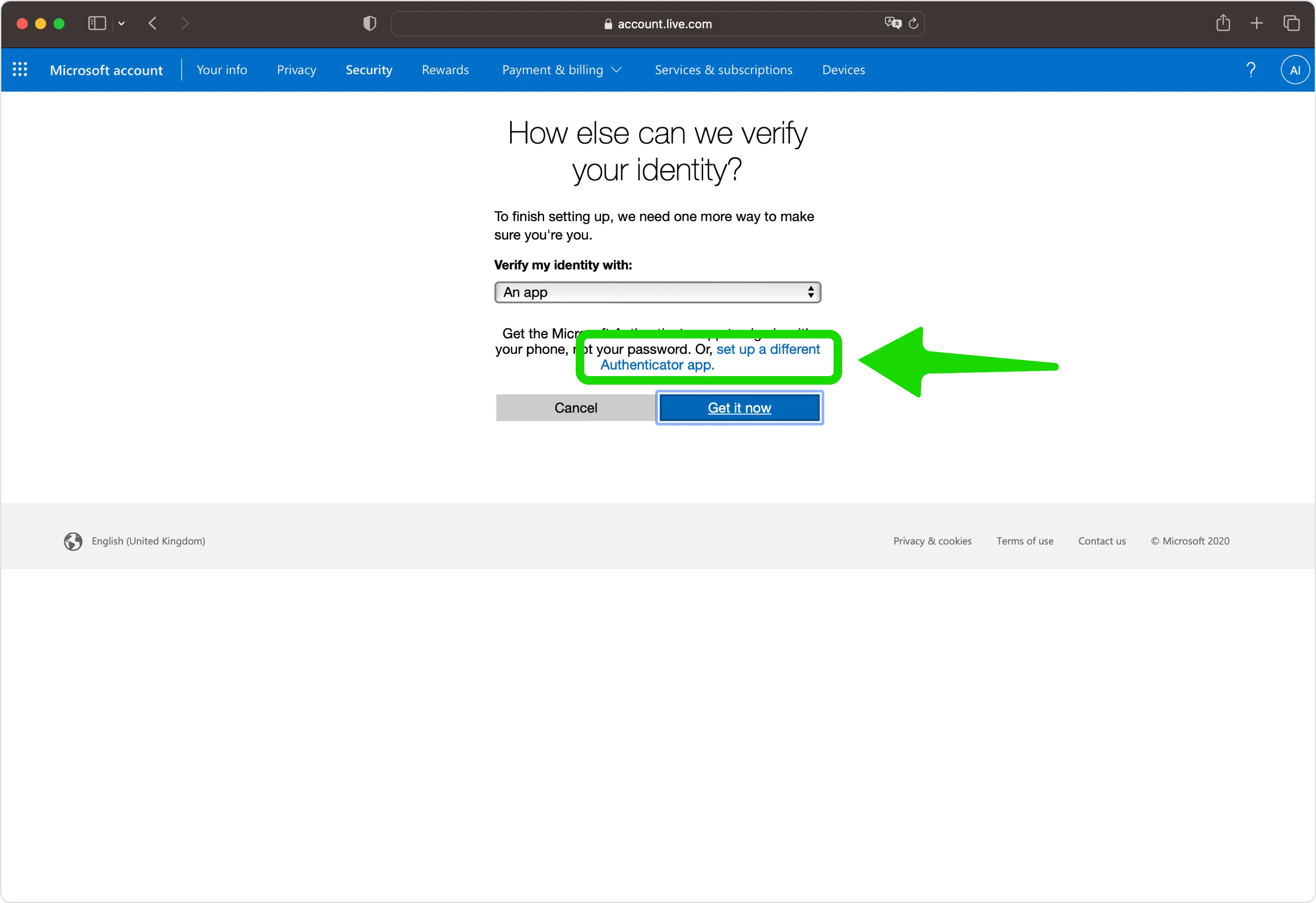 Choose to set up a different Authenticator app