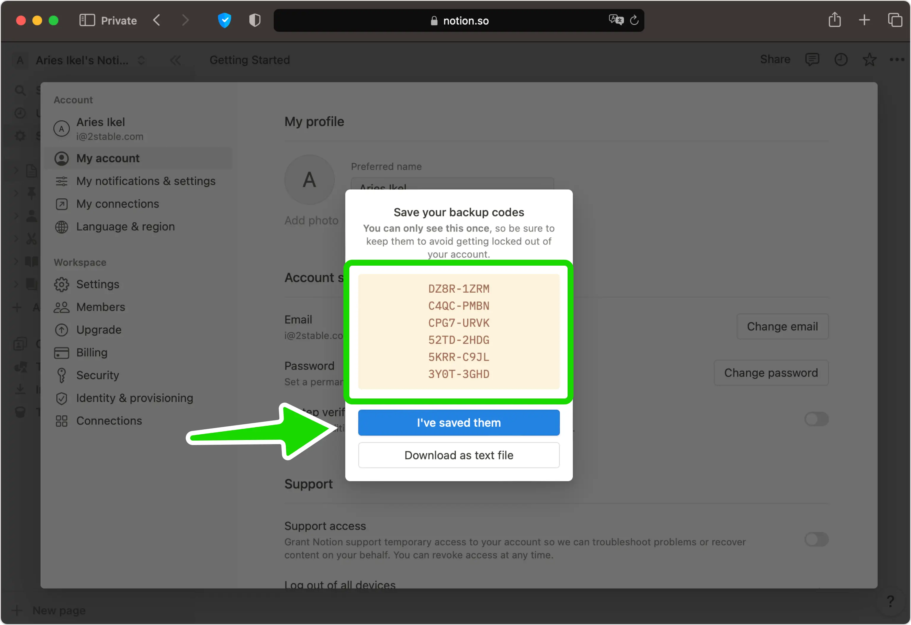 Save your backup codes