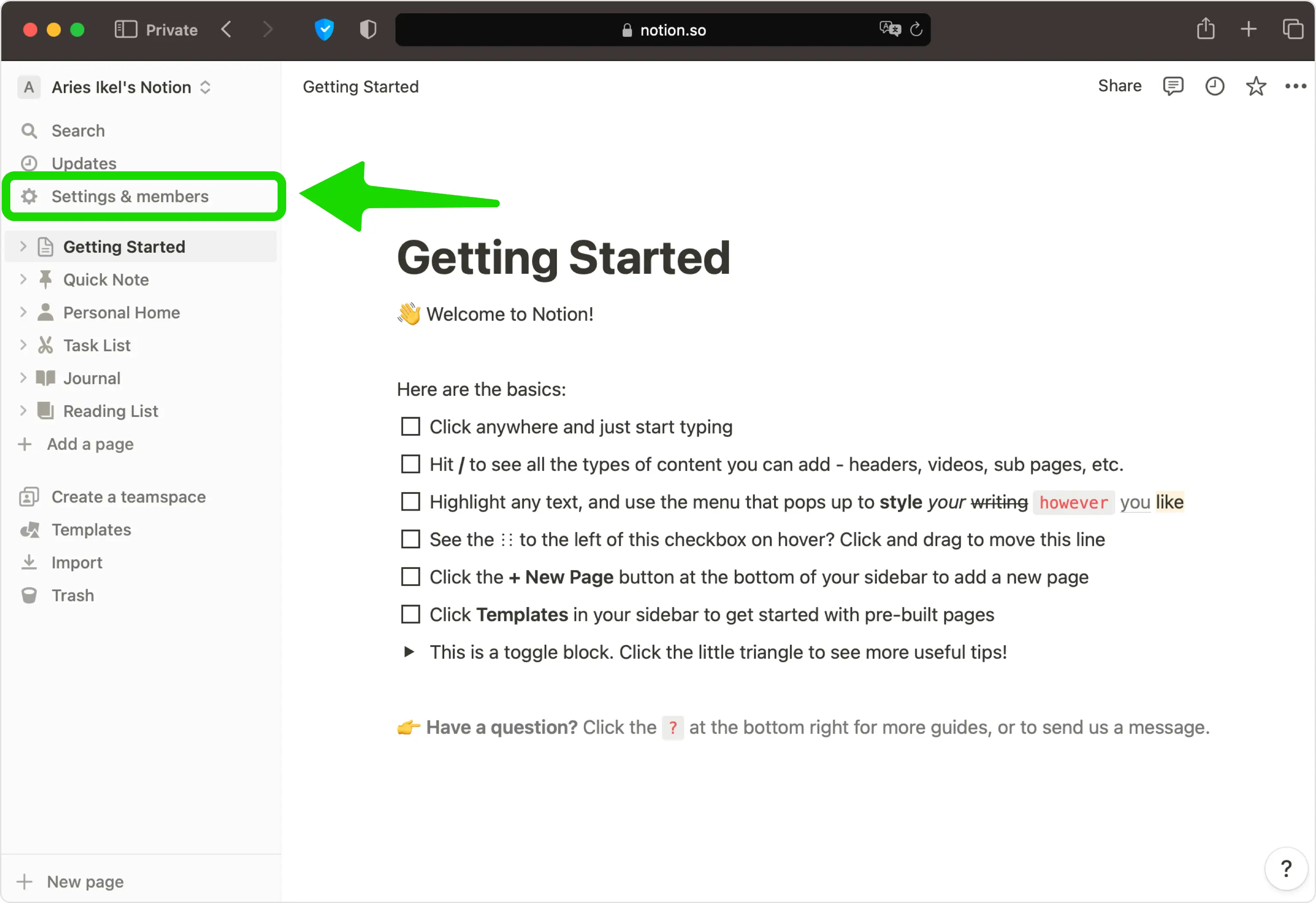 Open your Notion settings