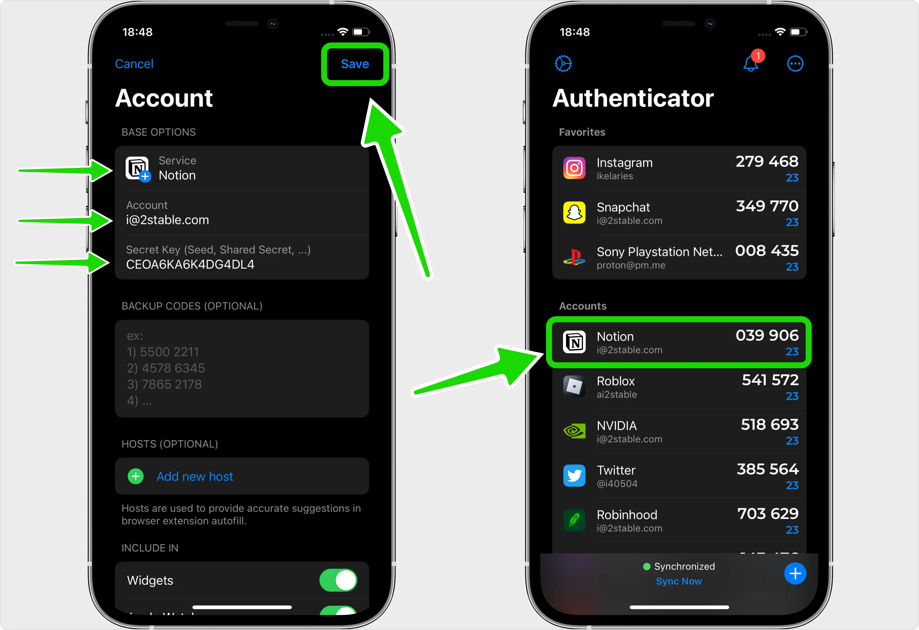 Save the account in the app