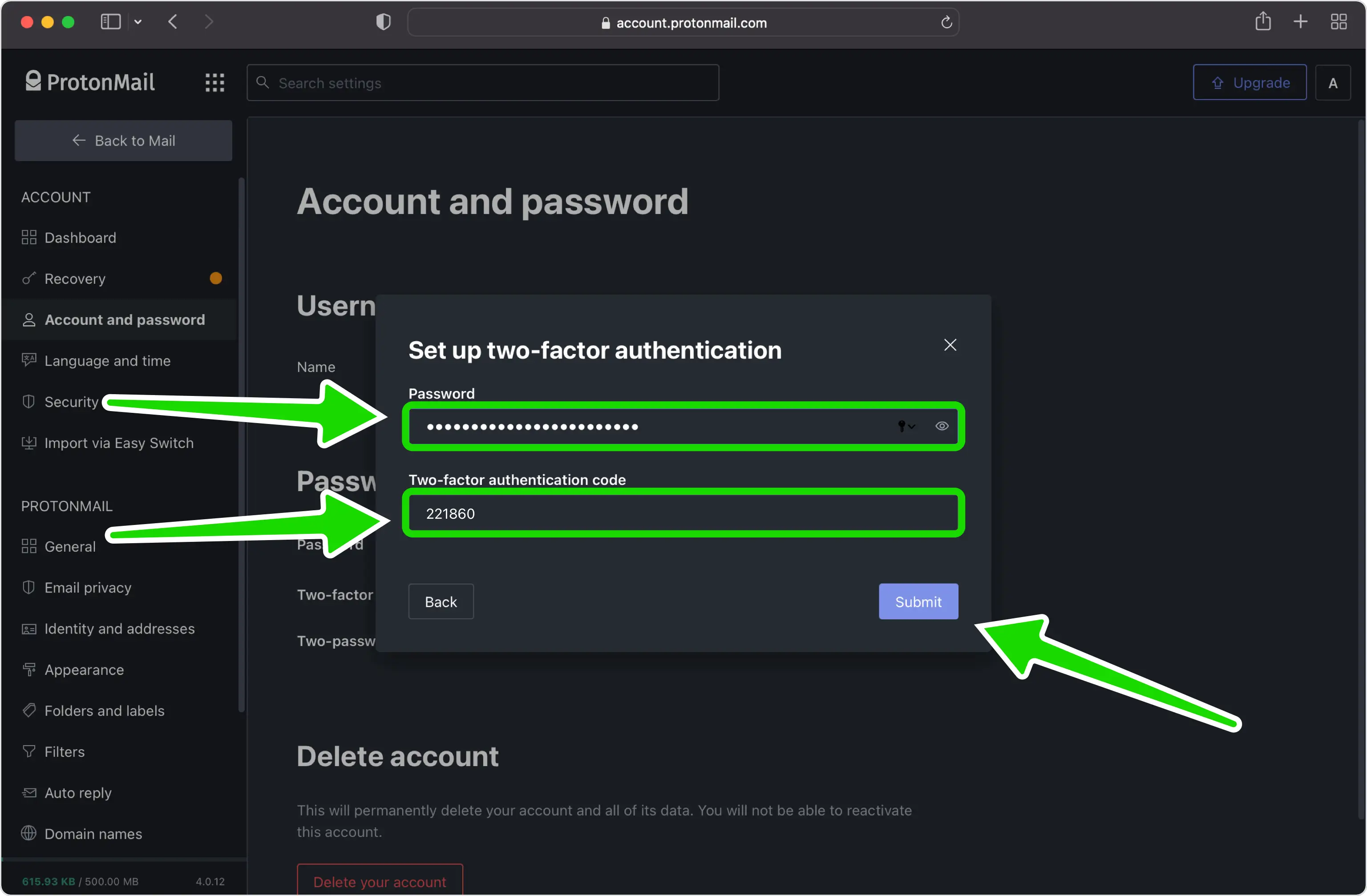 Enter the 6-digit code and submit