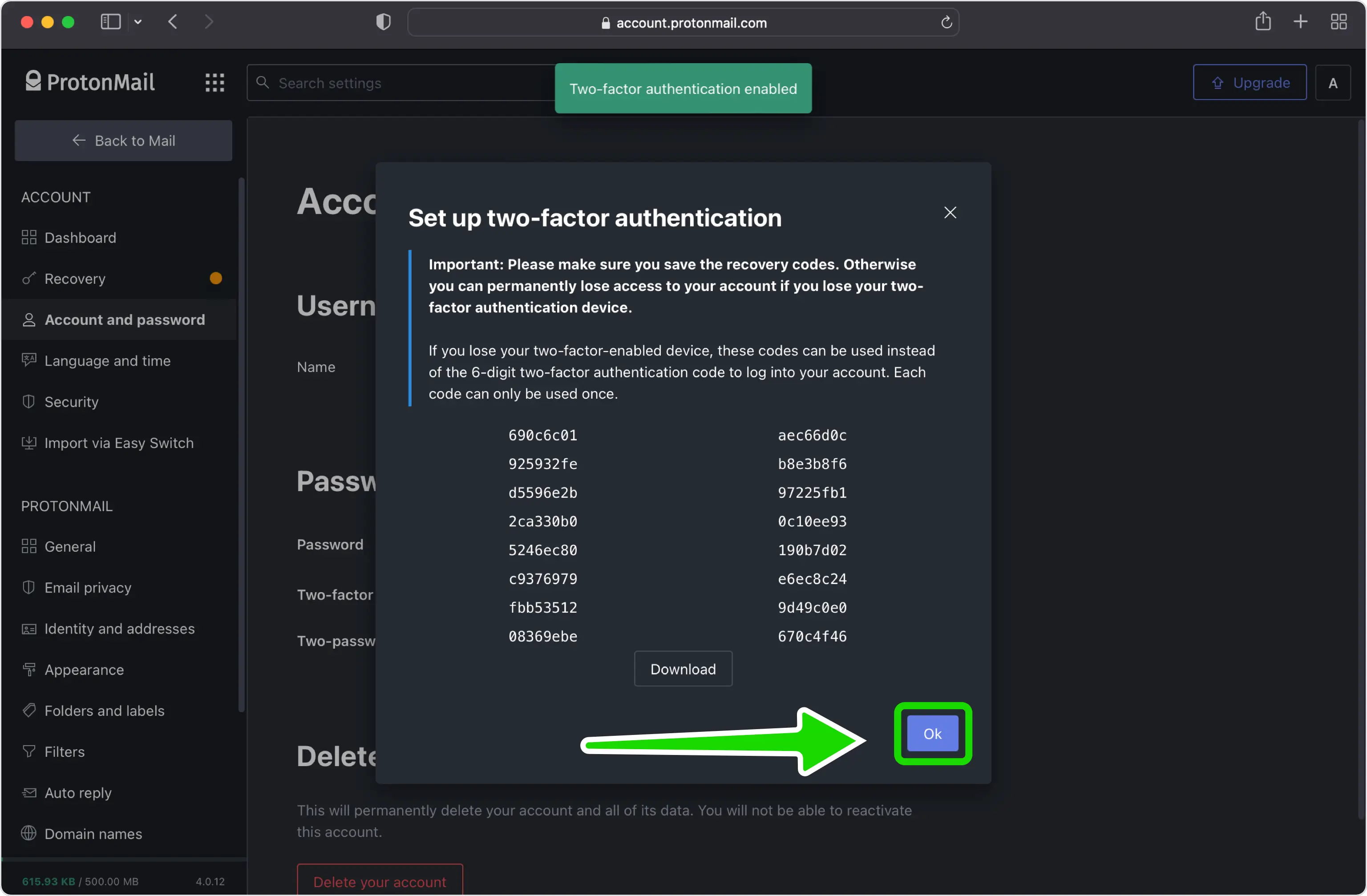 Save your recovery codes