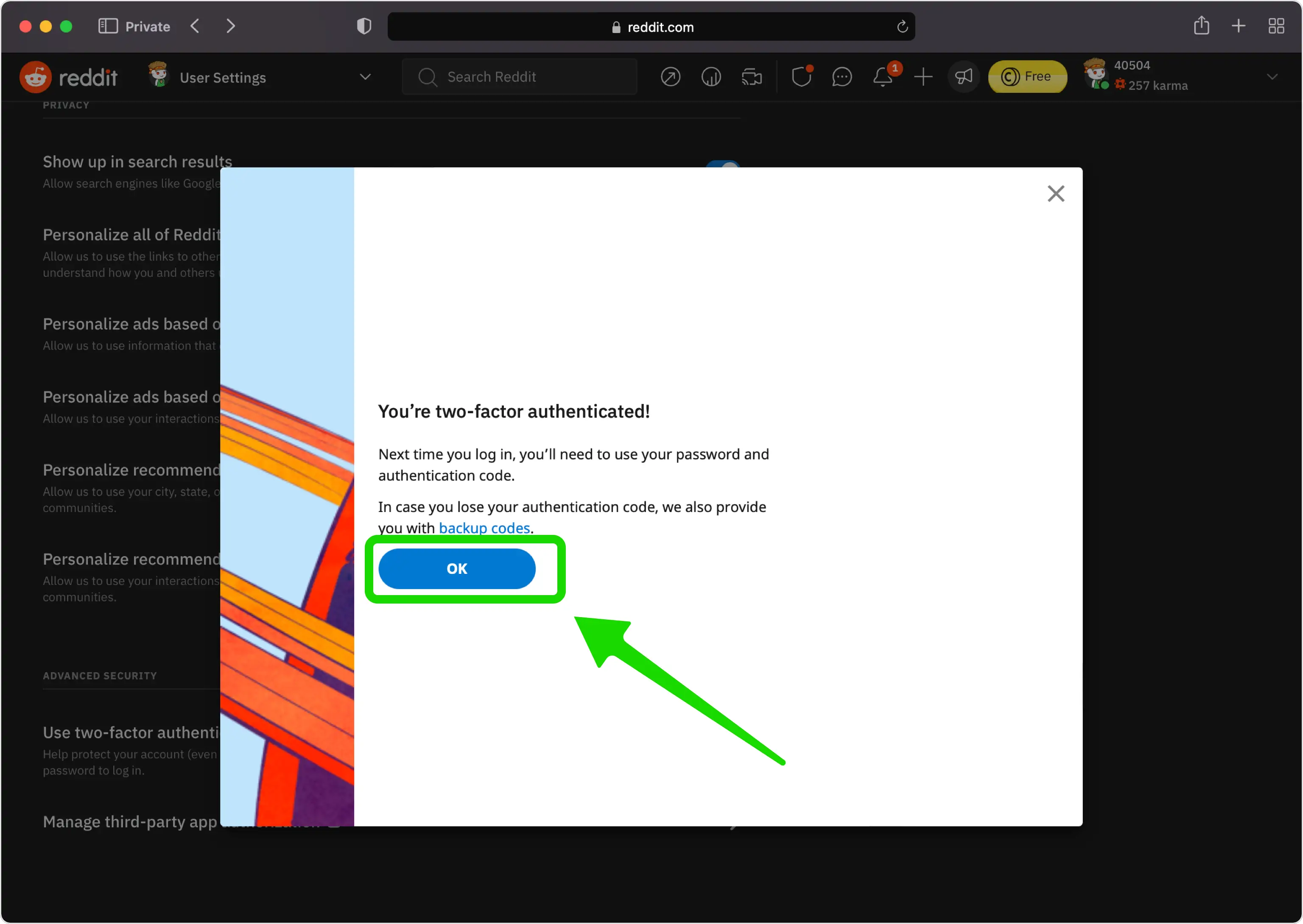 Two-factor authentication is enabled