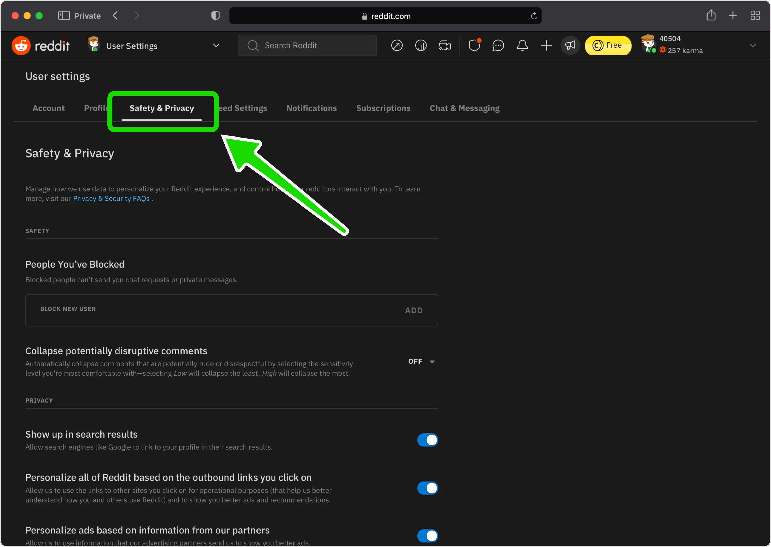Open the Safety & Privacy tab