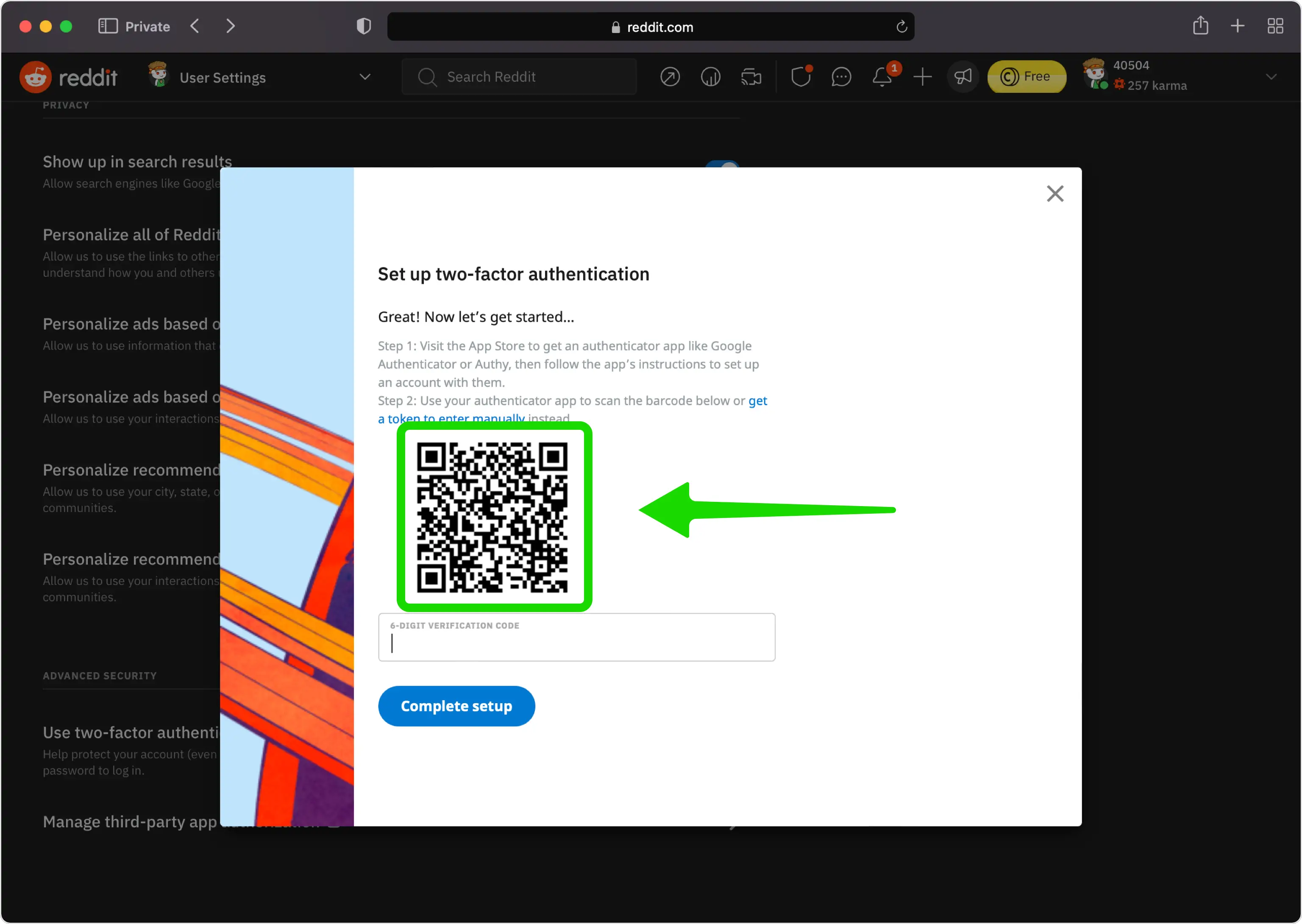 View the QR code Reddit displays