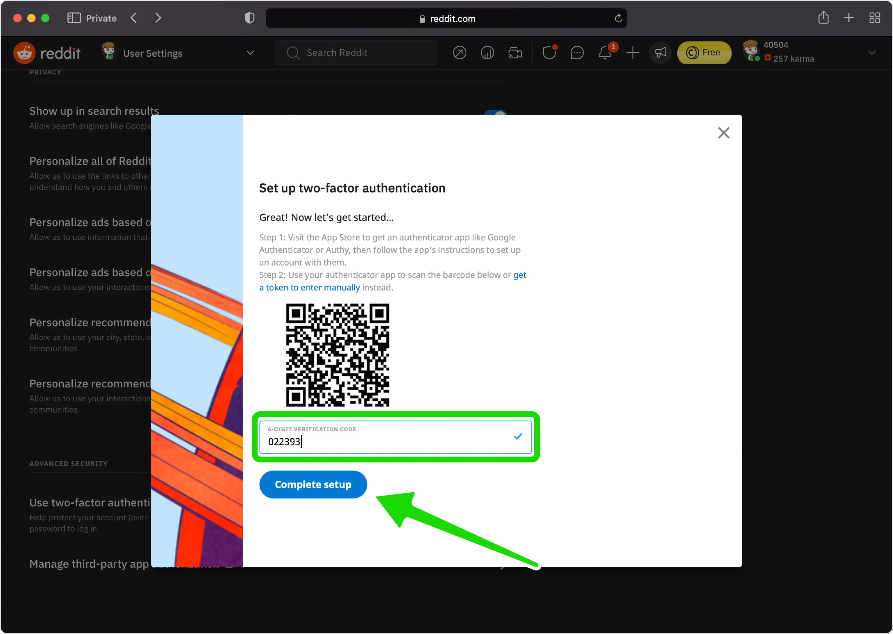 Enter the 6-digit code on Reddit
