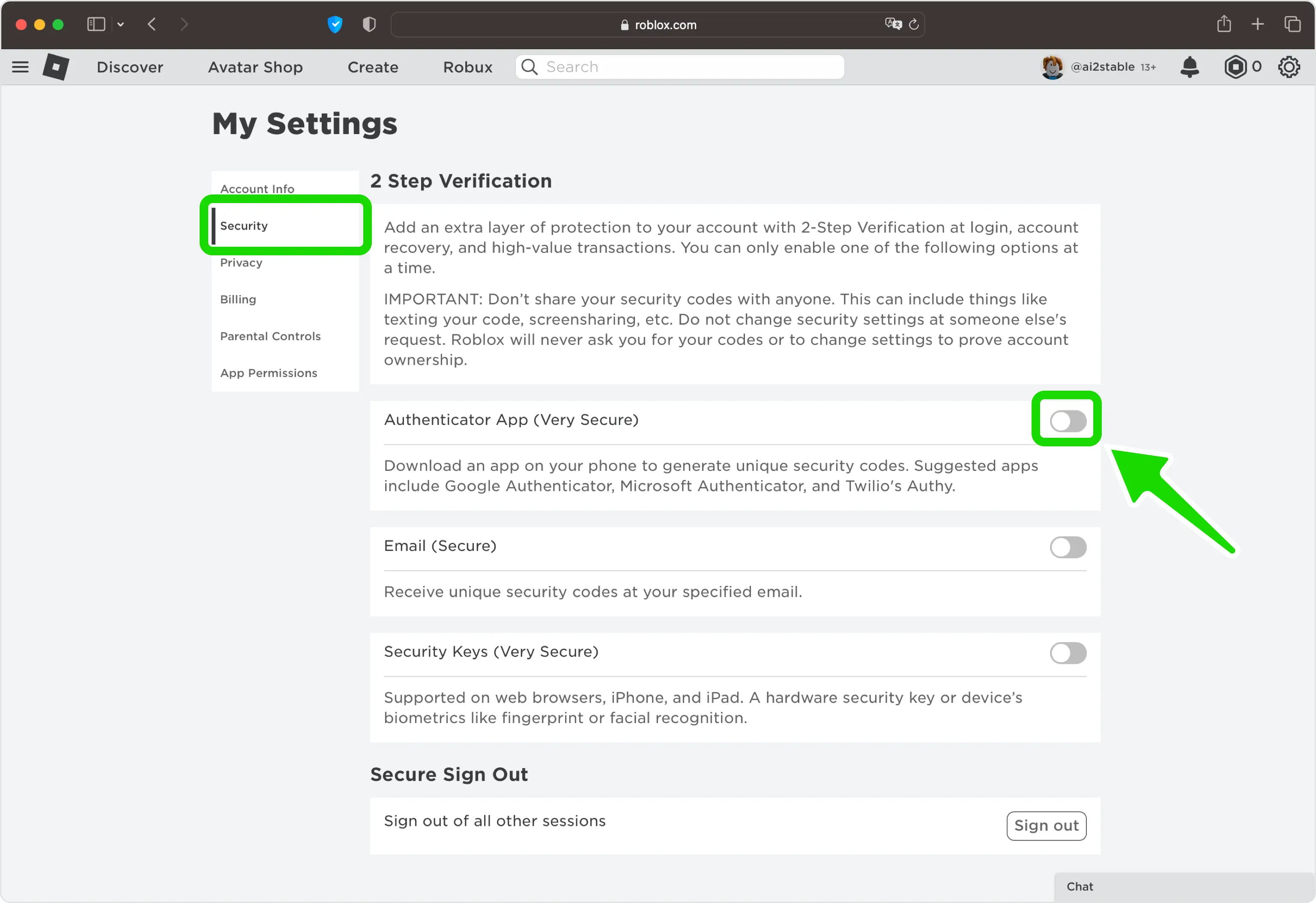 Turn on Authenticator App under Security