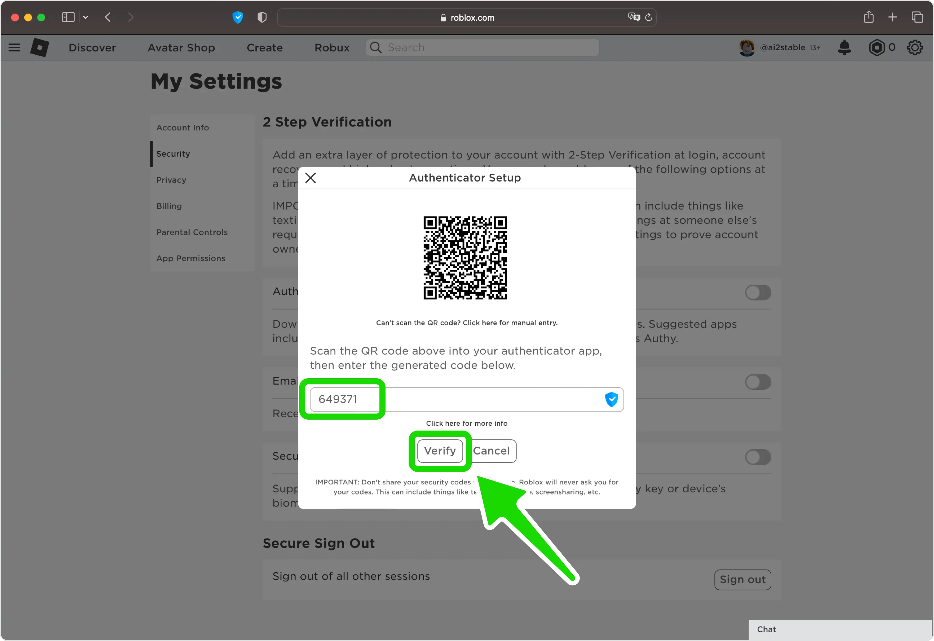 Enter the 6-digit code and Verify
