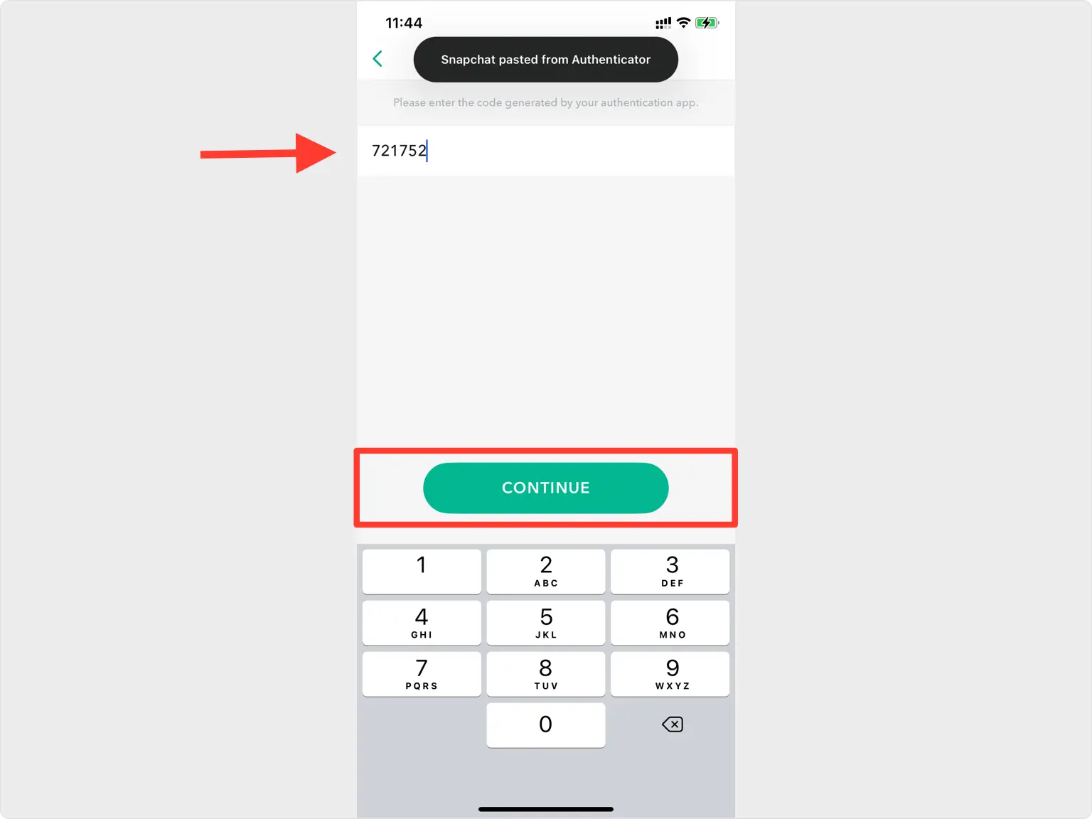 Enter the 6-digit code in Snapchat