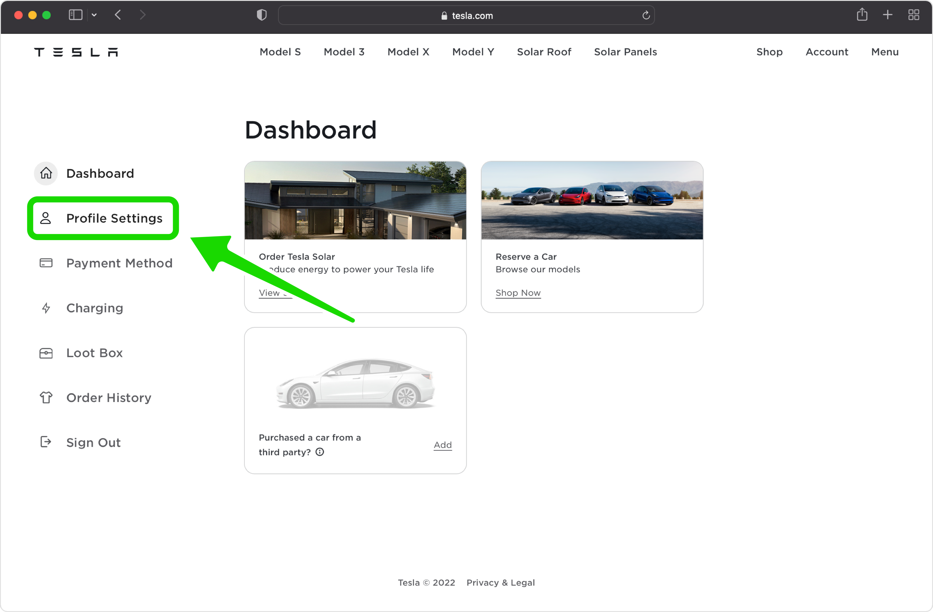Sign in and open your Tesla Account settings