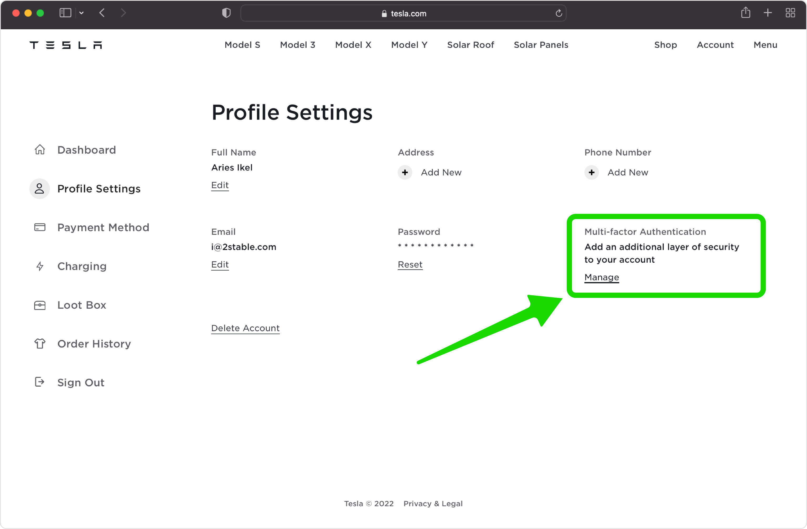 Go to Security and start MFA setup