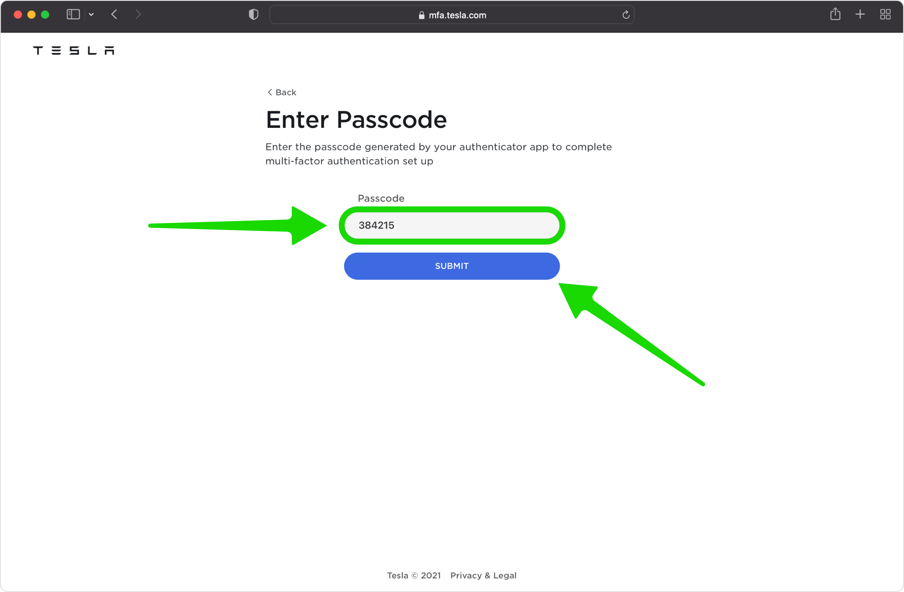 Enter the 6-digit passcode on Tesla