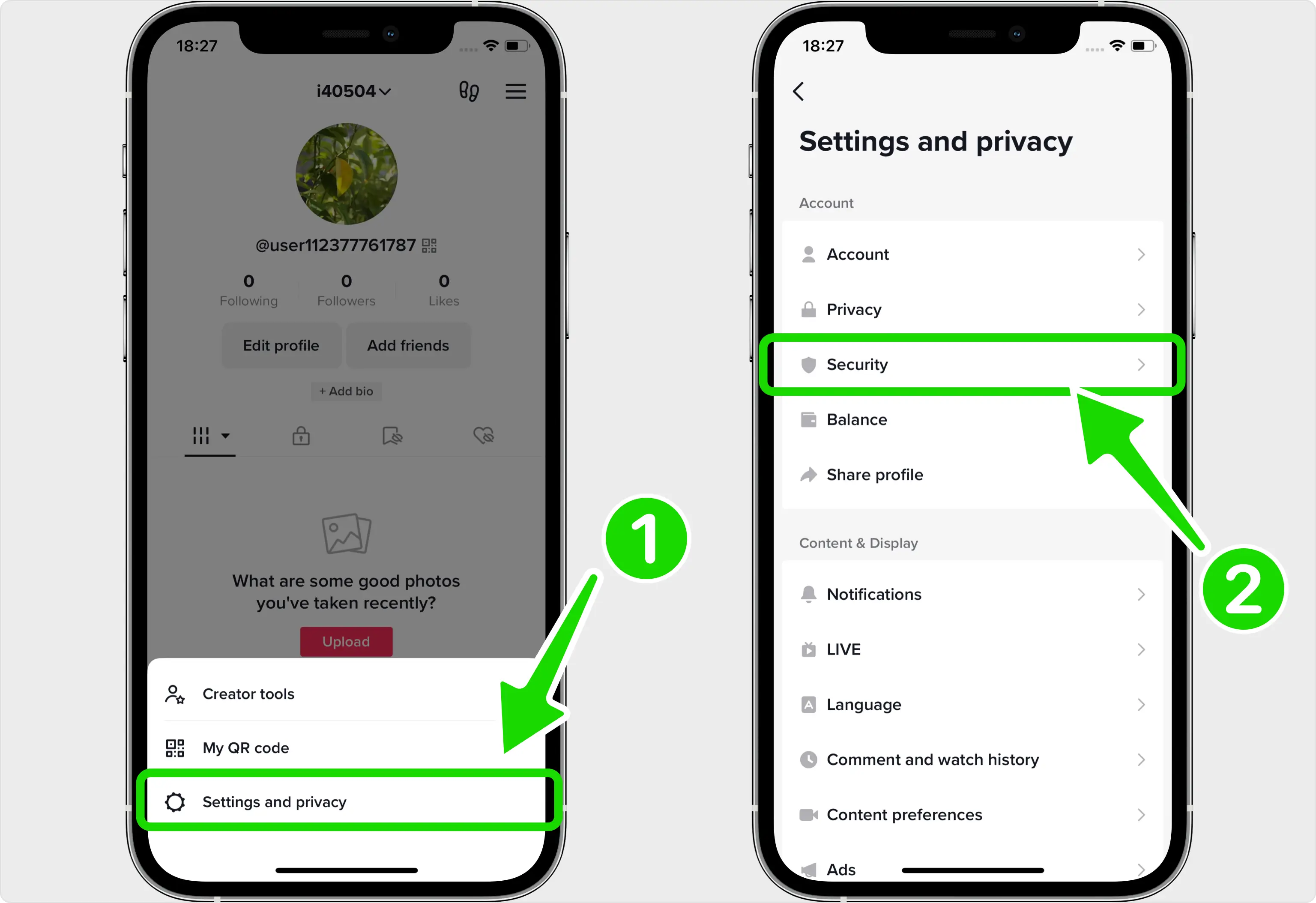 Go to Settings and privacy, then Security
