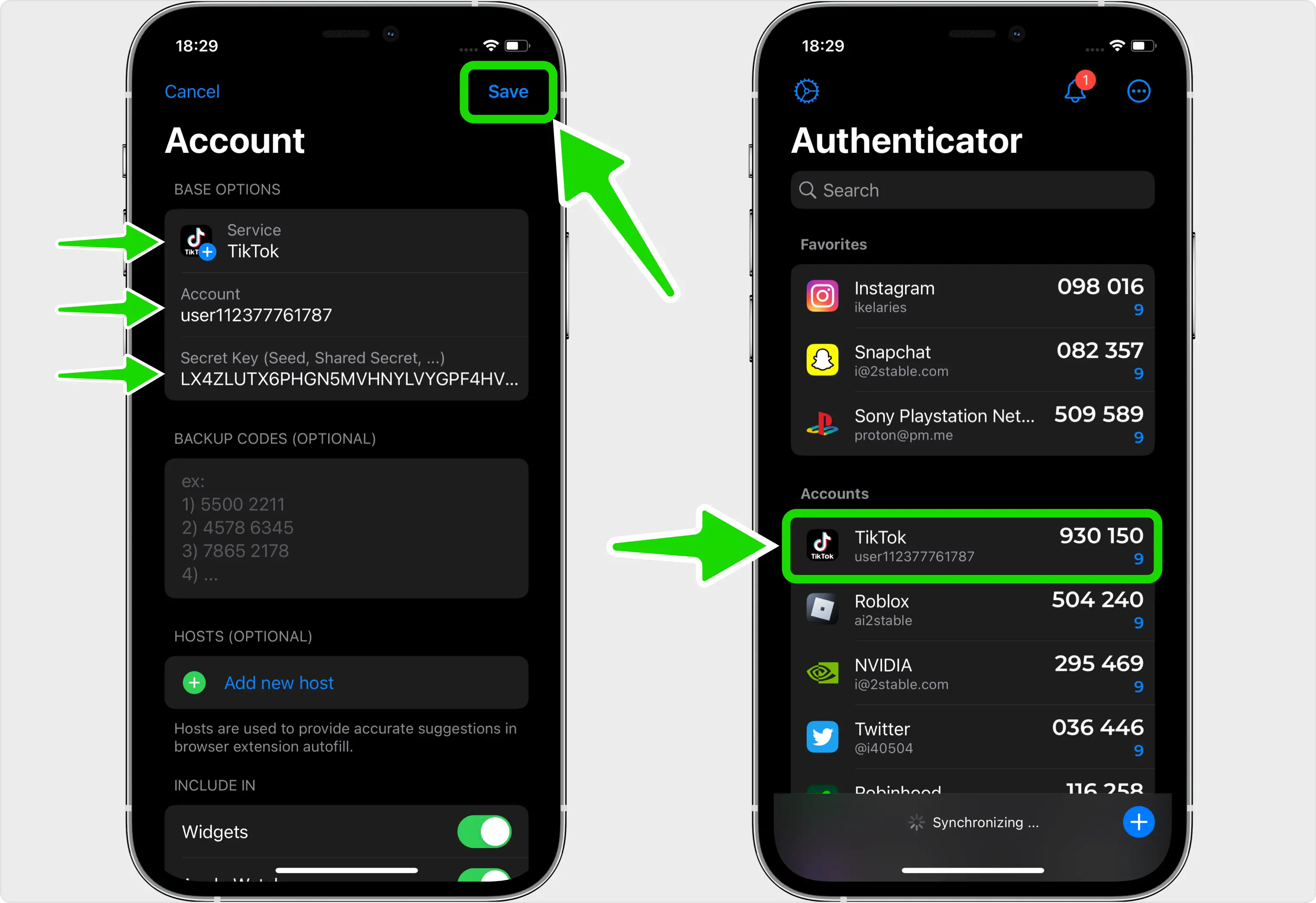 Save the TikTok account in your Authenticator App