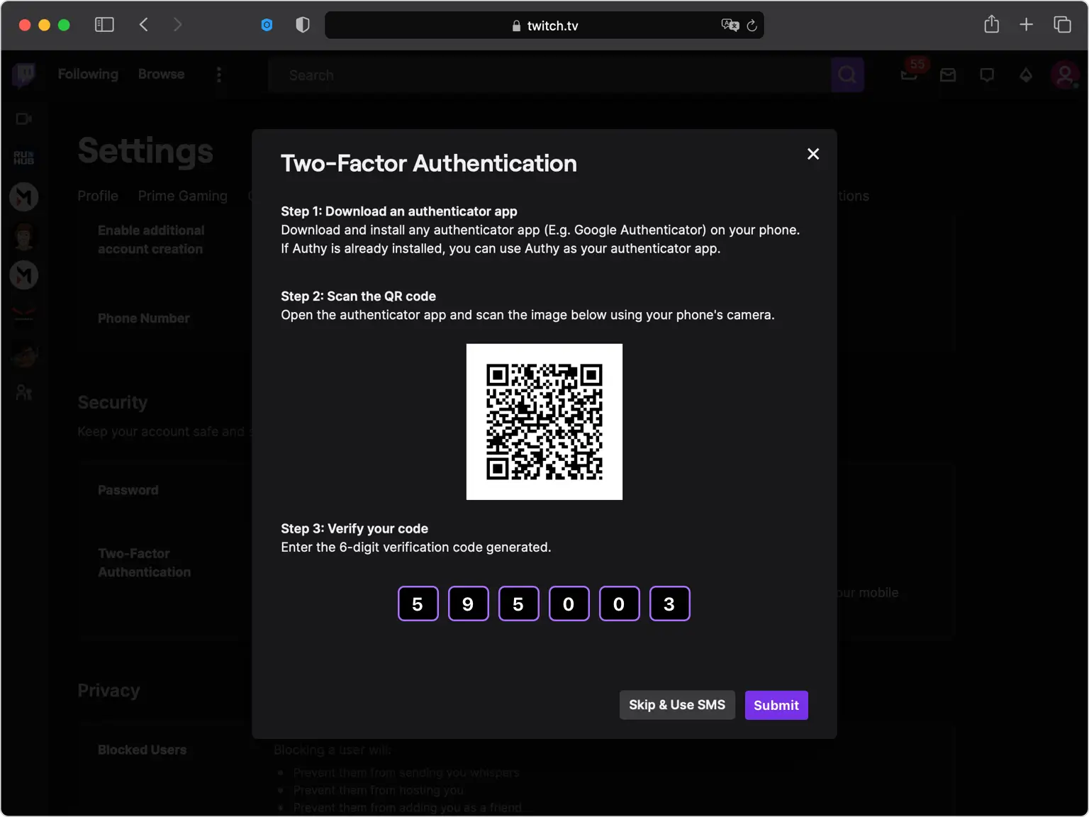 Enter the code to verify on Twitch