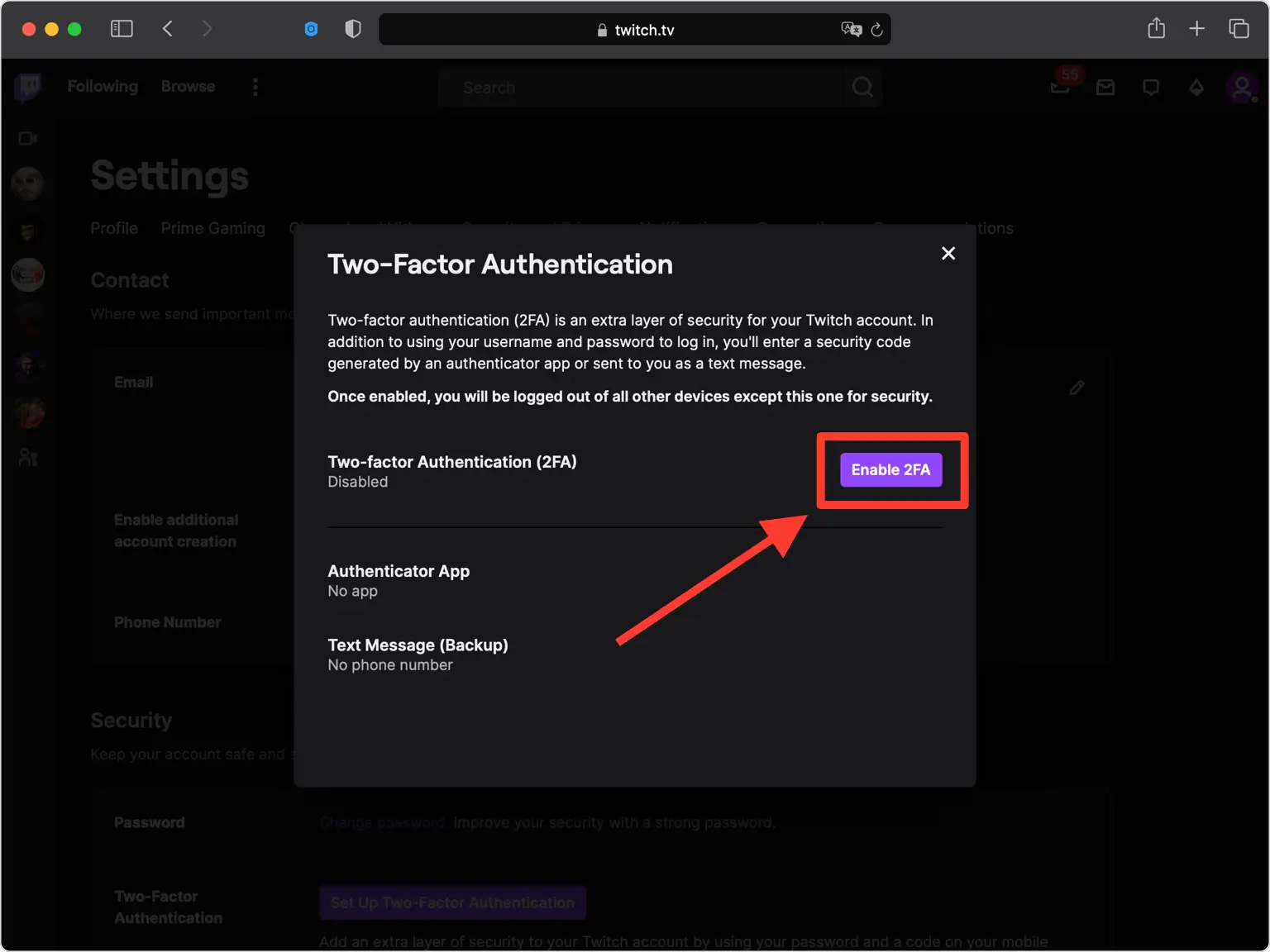 Start Two-Factor Authentication setup