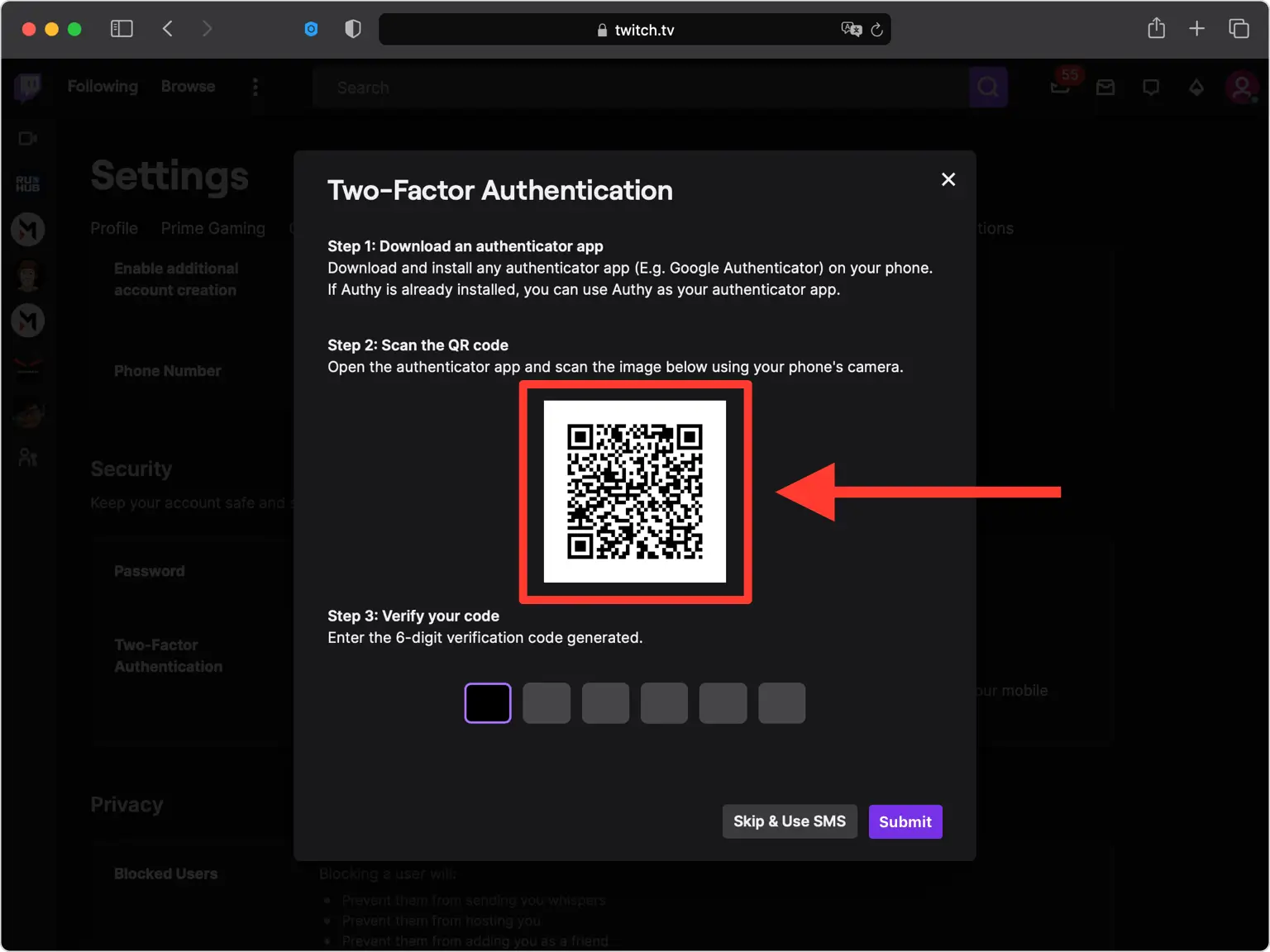 Open the QR code screen