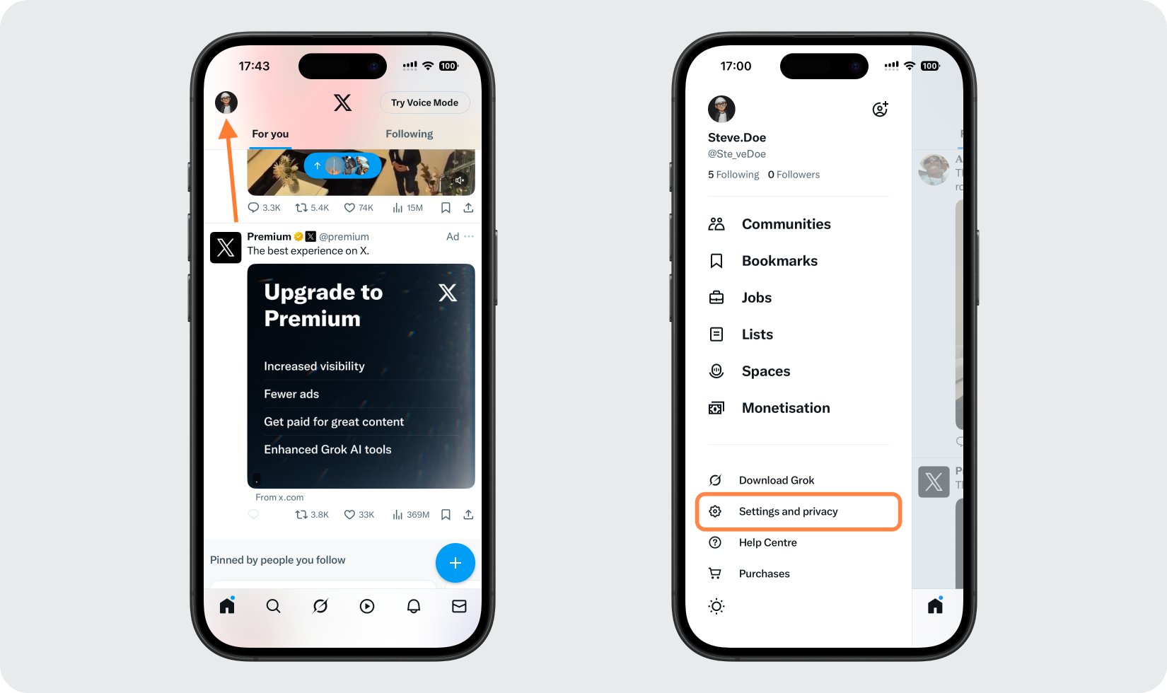 Open your X app and go to Settings